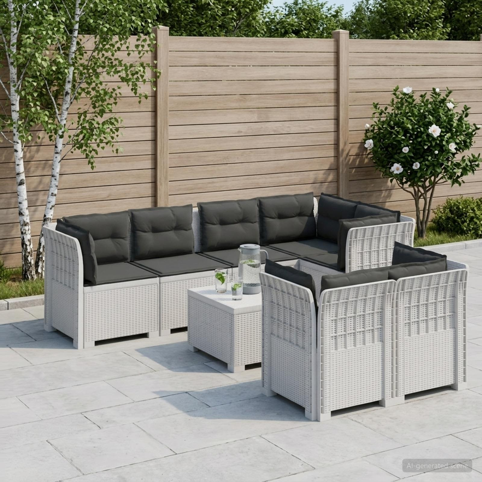 vidaXL 7-Sitzer Gartensofa mit Kissen Rattan-Look PP Weiß