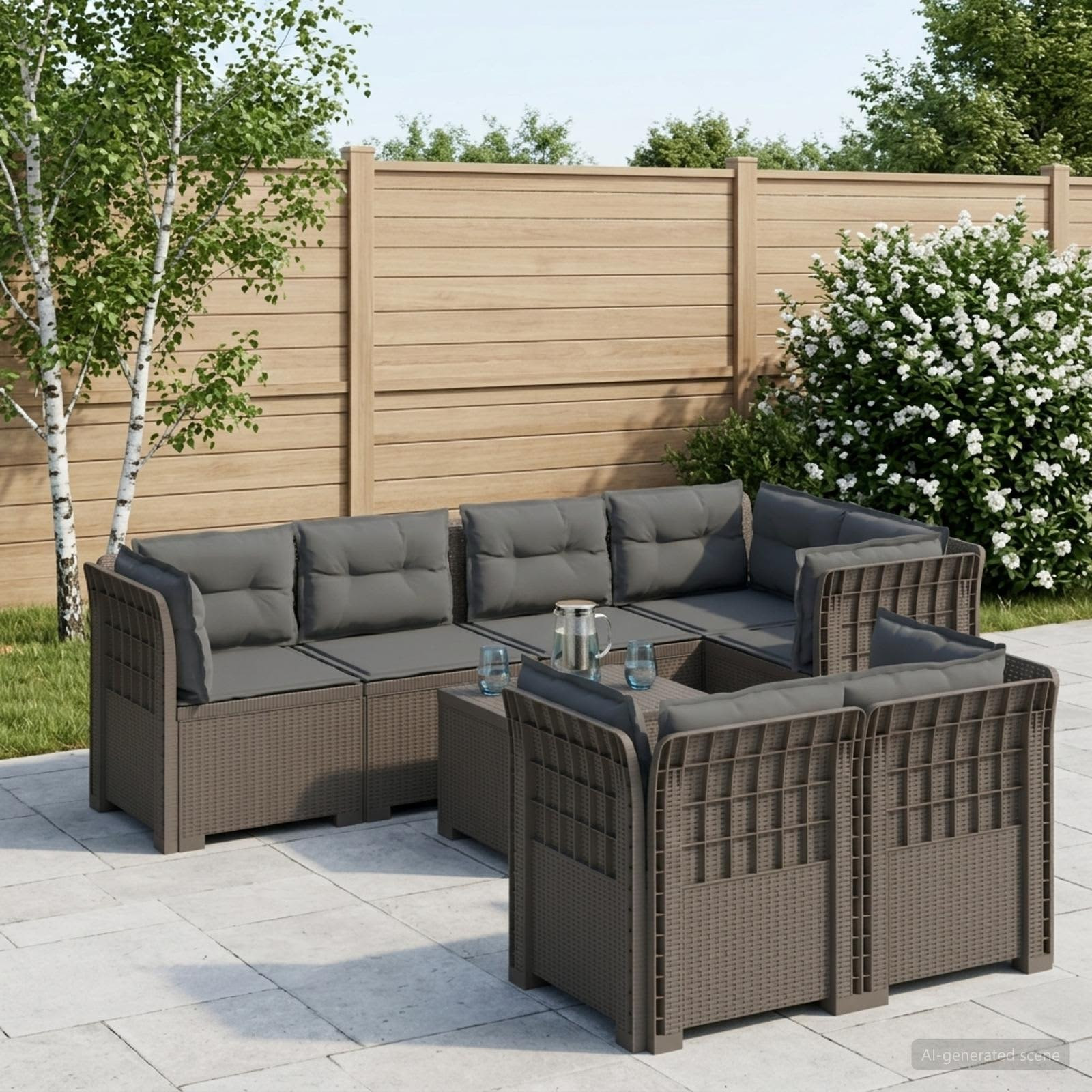 vidaXL 7-Sitzer Gartensofa mit Kissen Rattan-Look PP Hellgrau