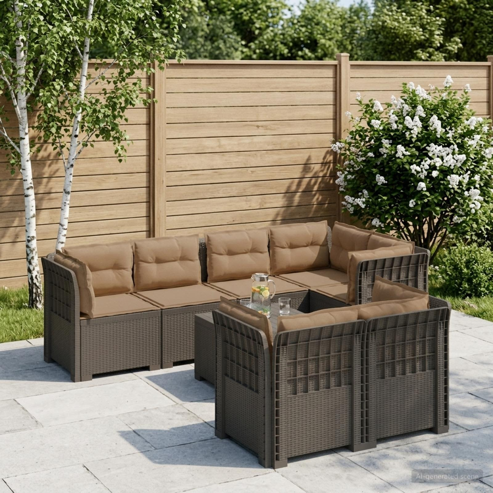 vidaXL 7-Sitzer Gartensofa mit Kissen Rattan-Look PP Hellgrau