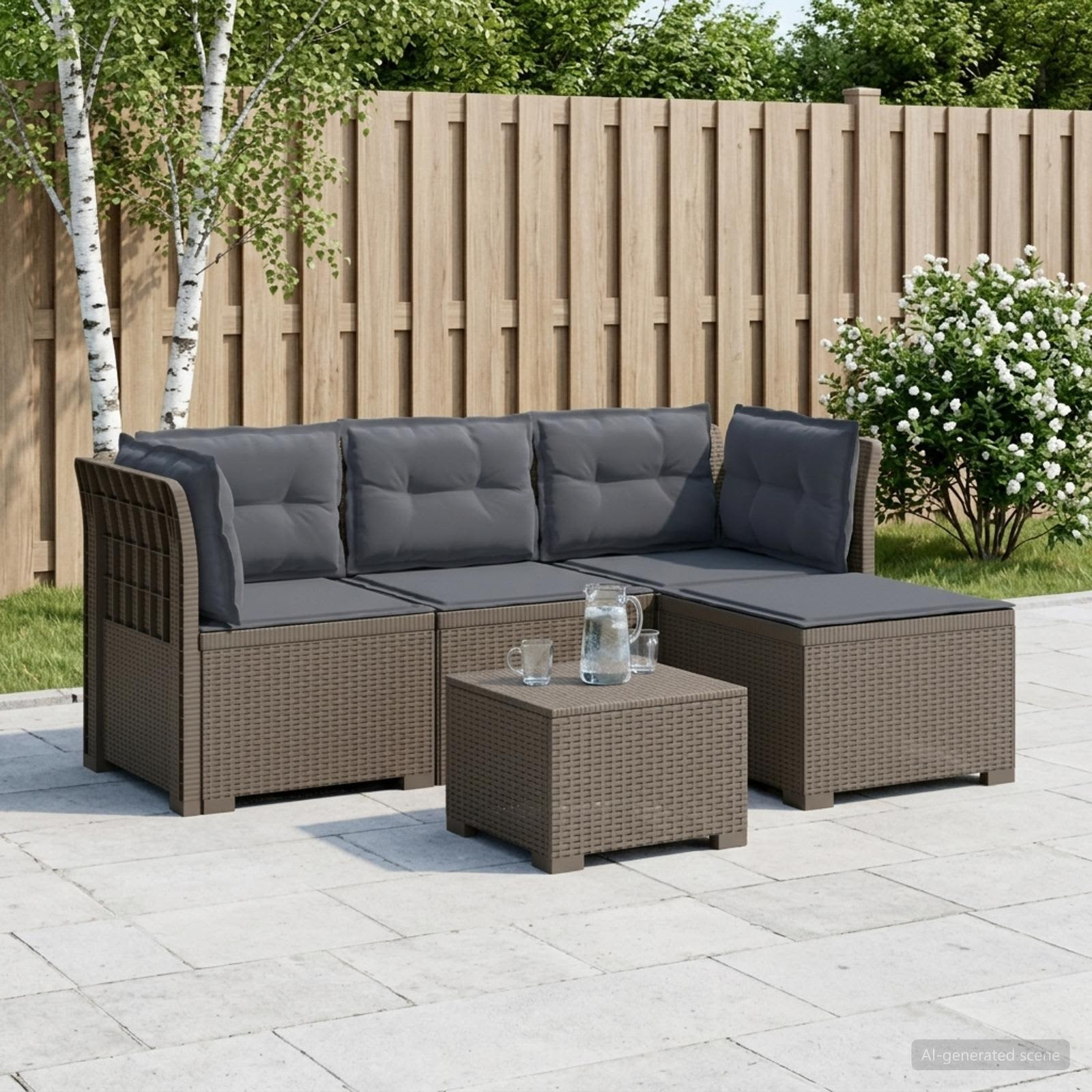 vidaXL 4-Sitzer Garten Sofa mit Kissen Rattan Look PP Hellgrau