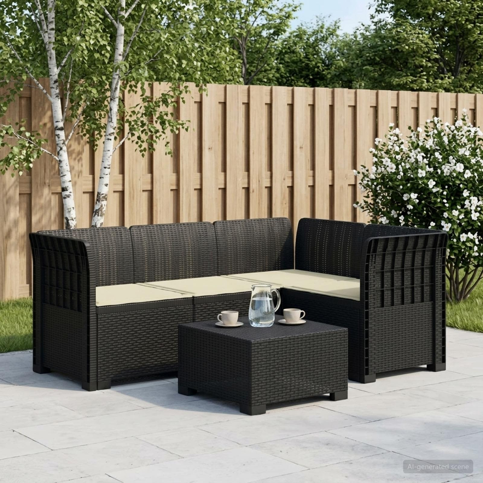 vidaXL 4-Sitzer Gartensofa mit Kissen Rattan-Look PP Anthrazit
