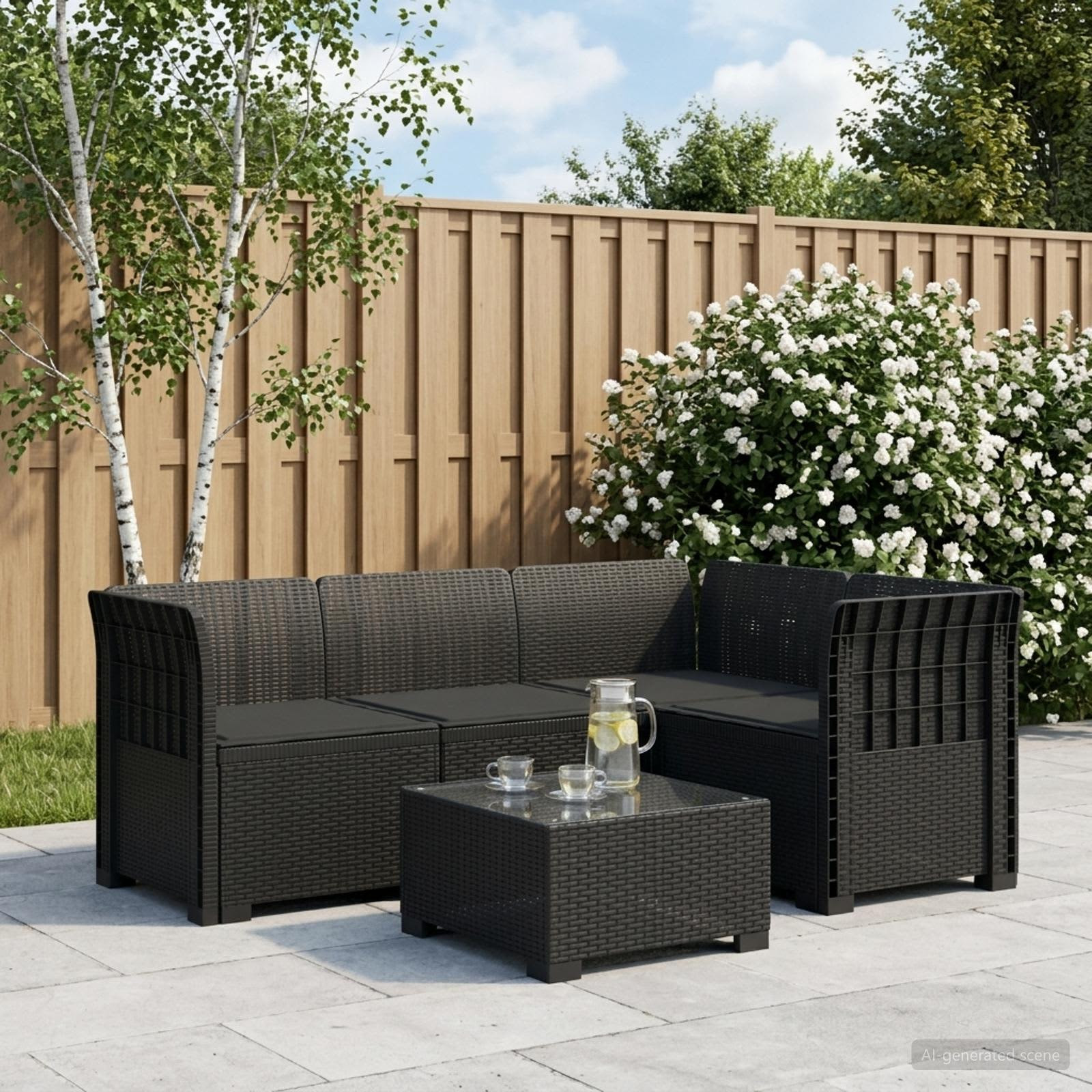 vidaXL 4-Sitzer Gartensofa mit Kissen Rattan-Look PP Anthrazit