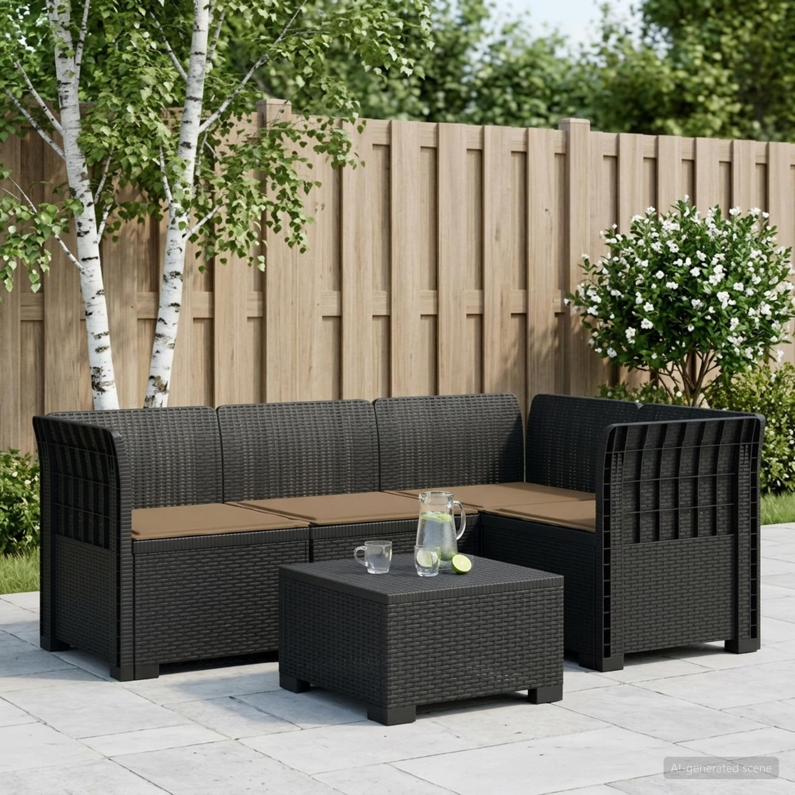 vidaXL 4-Sitzer Gartensofa mit Kissen Rattan-Look PP Anthrazit
