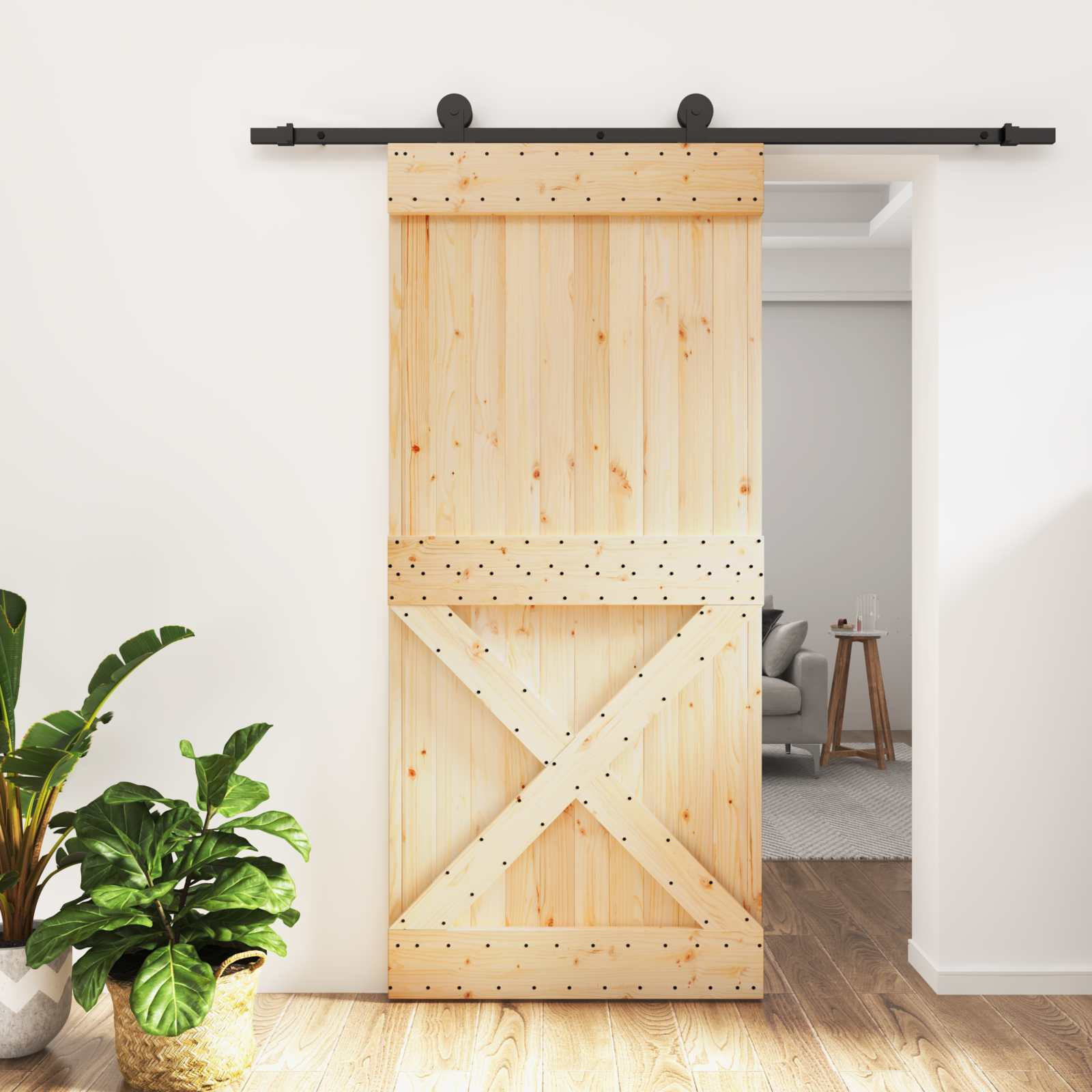 vidaXL Schiebetür Natürlich und Schwarz 95 x 210 cm Massivkiefer