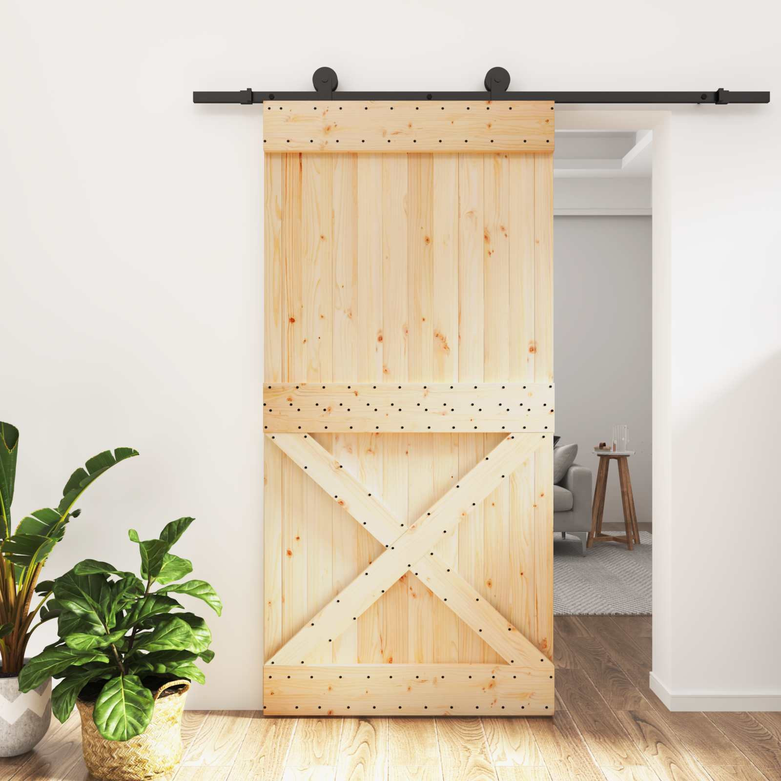 vidaXL Schiebetür Natürlich und Schwarz 100 x 210 cm Massivkiefer
