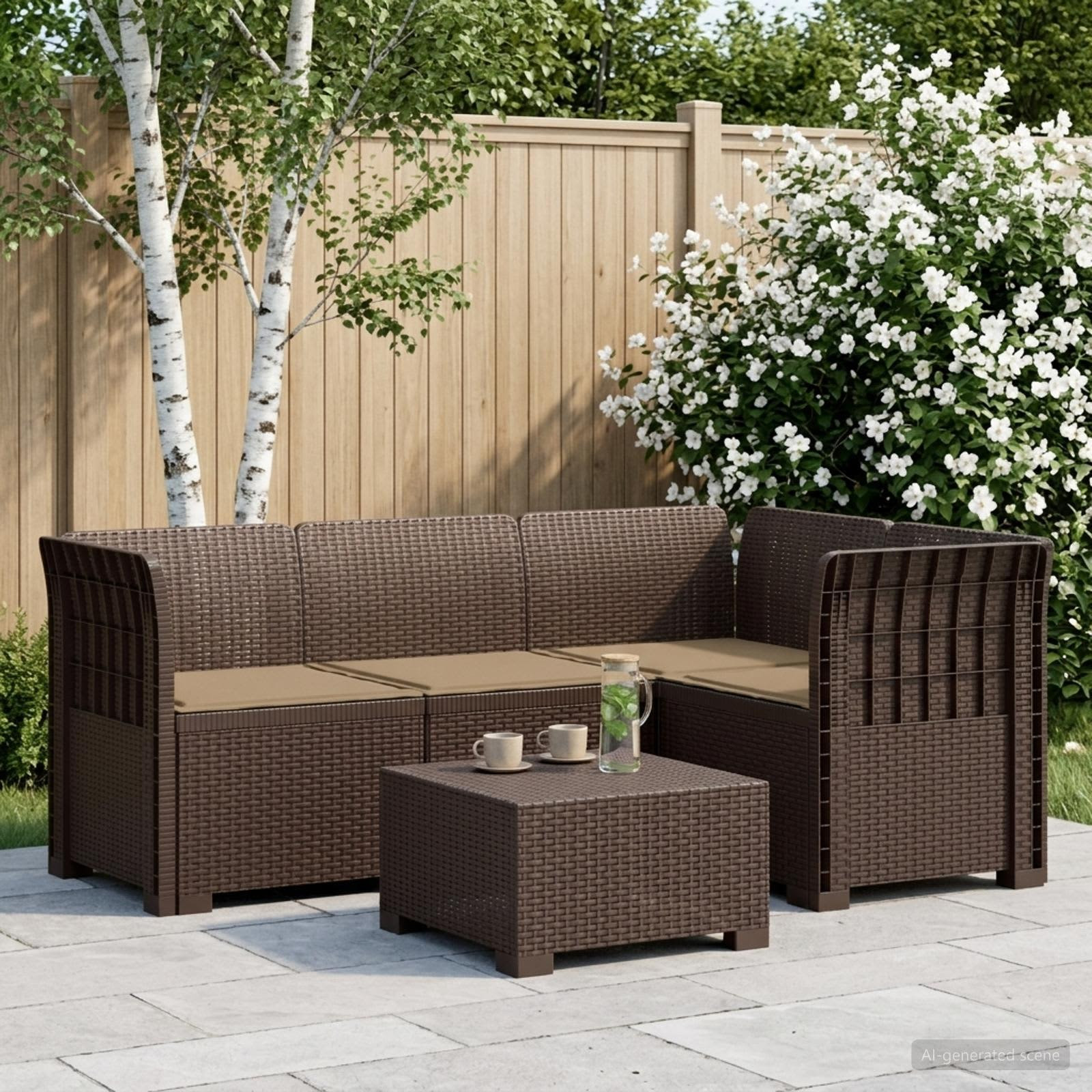 vidaXL 4-Sitzer Gartensofa mit Kissen Rattan-Look PP Braun