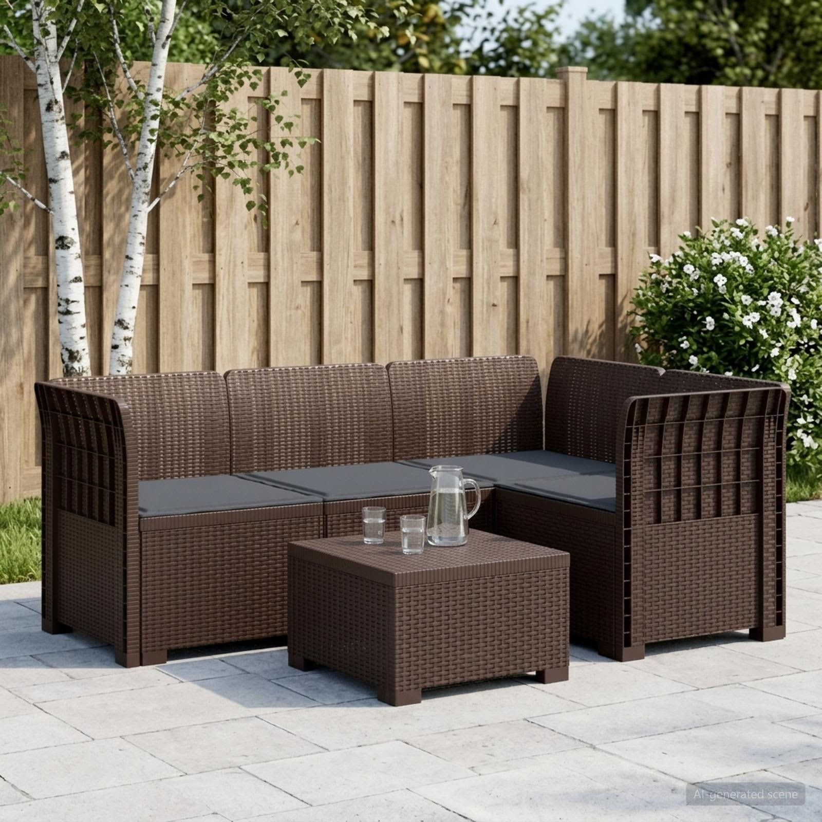 vidaXL 4-Sitzer Gartensofa mit Kissen Rattan-Look PP Braun
