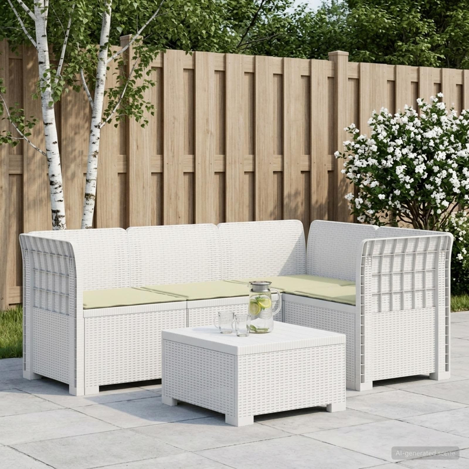 vidaXL 4-Sitzer Gartensofa mit Kissen Rattan-Look PP Weiß