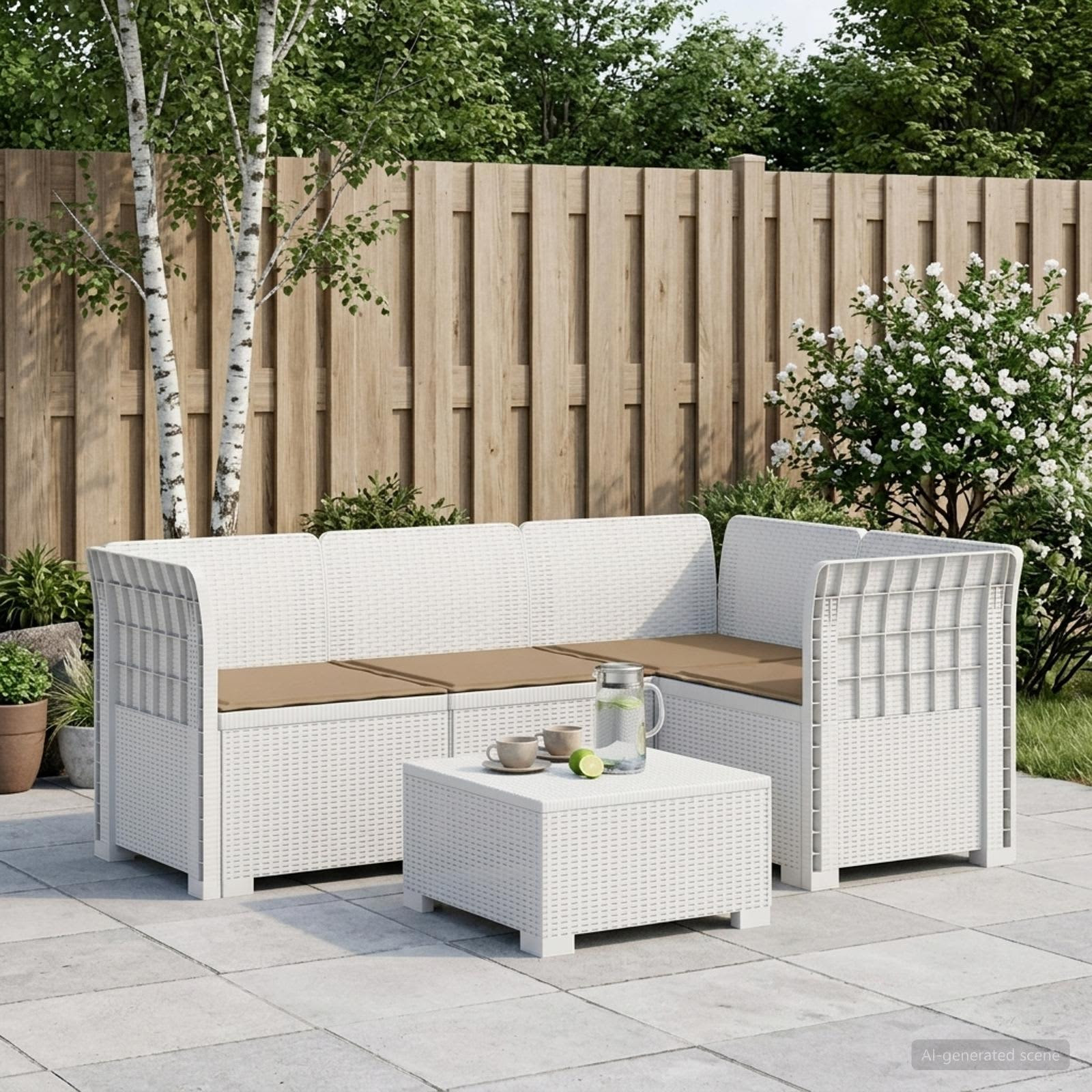 vidaXL 4-Sitzer Gartensofa mit Kissen Rattan-Look PP Weiß