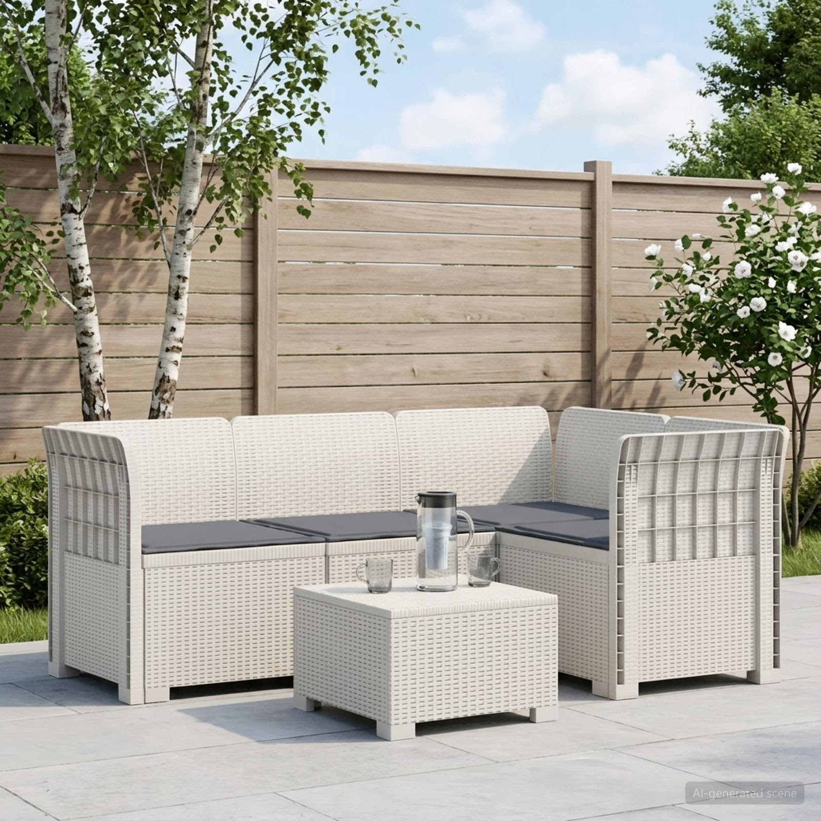 vidaXL 4-Sitzer Gartensofa mit Kissen Rattan-Look PP Weiß