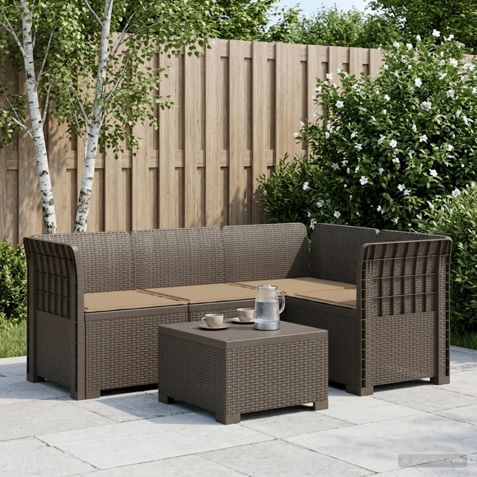 vidaXL 4-Sitzer Gartensofa mit Kissen Rattan-Look PP Hellgrau