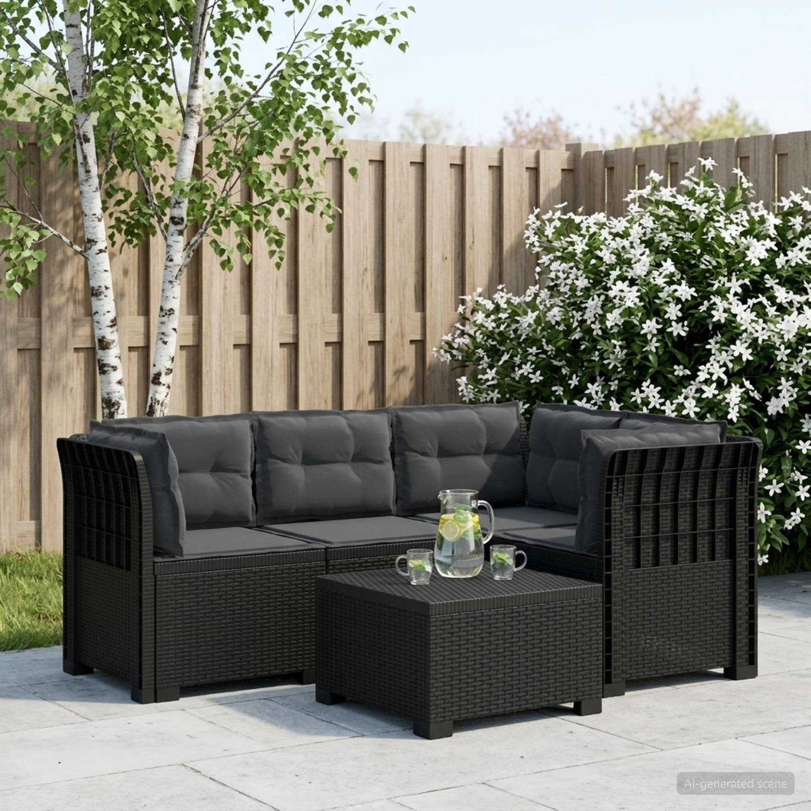 vidaXL 4-Sitzer Gartensofa mit Kissen Rattan-Look PP Anthrazit
