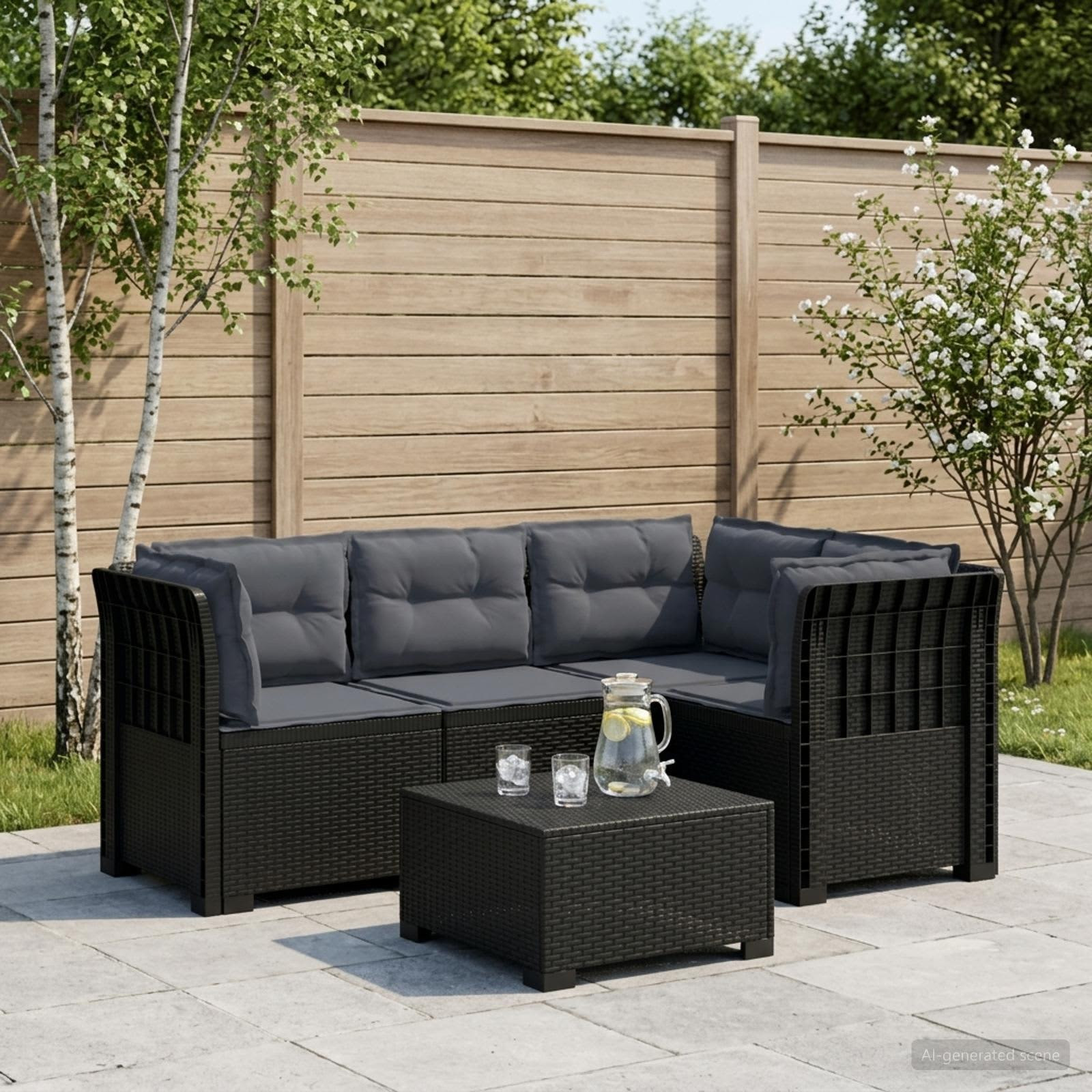 vidaXL 4-Sitzer Gartensofa mit Kissen Rattan-Look PP Anthrazit