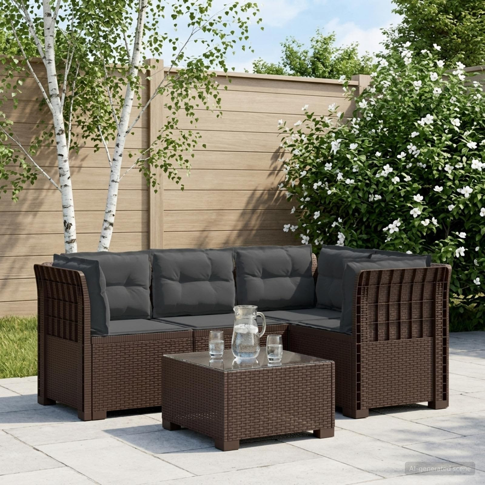 vidaXL 4-Sitzer Gartensofa mit Kissen Rattan-Look PP Braun