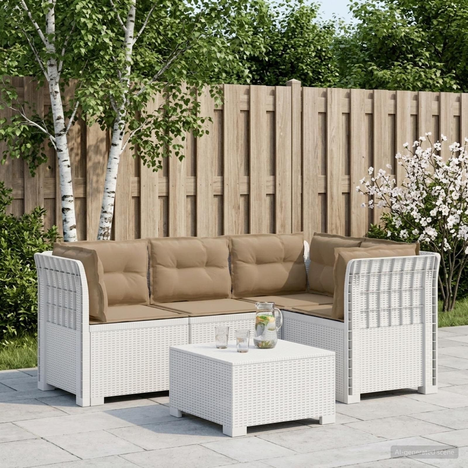 vidaXL 4-Sitzer Gartensofa mit Kissen Rattan-Look PP Weiß