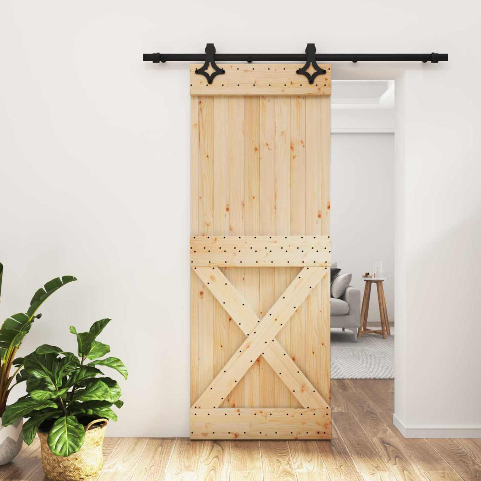 vidaXL Schiebetür Natürlich und Schwarz 80 x 210 cm Massivkiefer