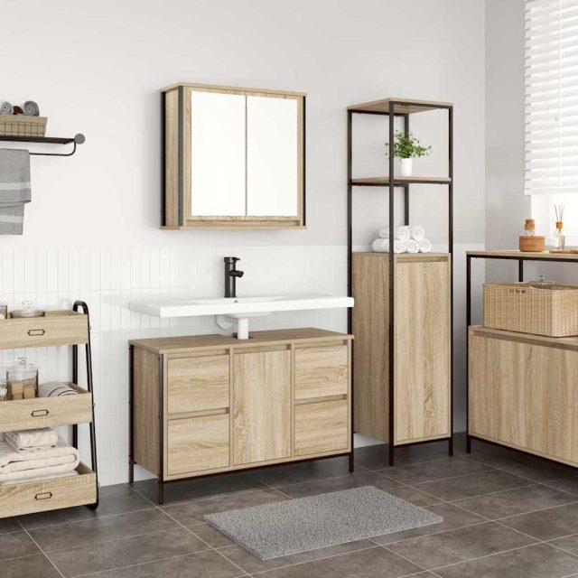 vidaXL Badezimmermöbel-Set mit Regal 2 pcs Sonoma Eiche und Schwarz