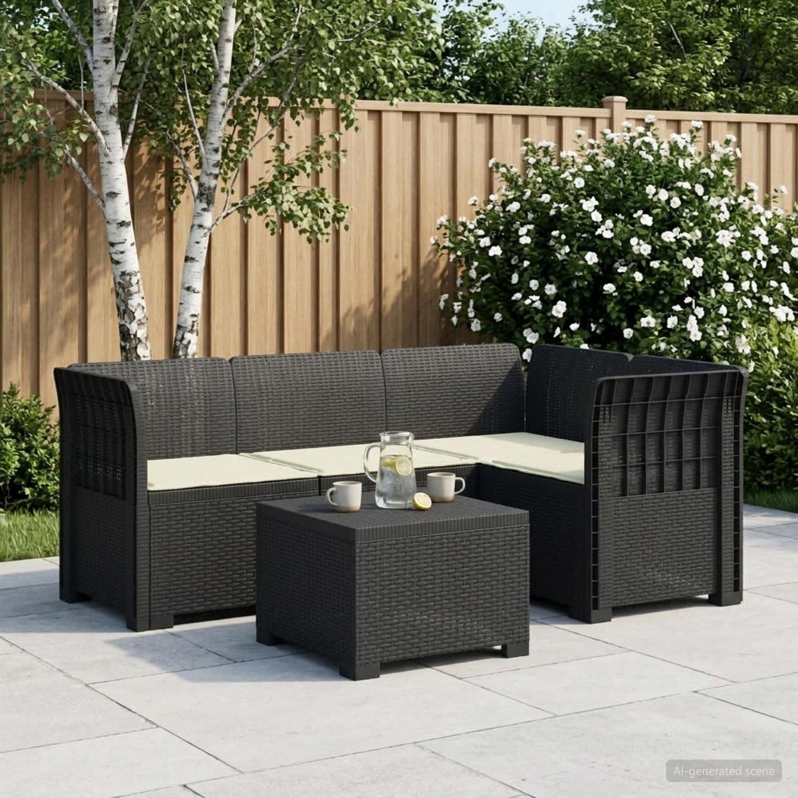 vidaXL 4-Sitzer Garten Sofa mit Kissen Rattan Look PP Anthrazit