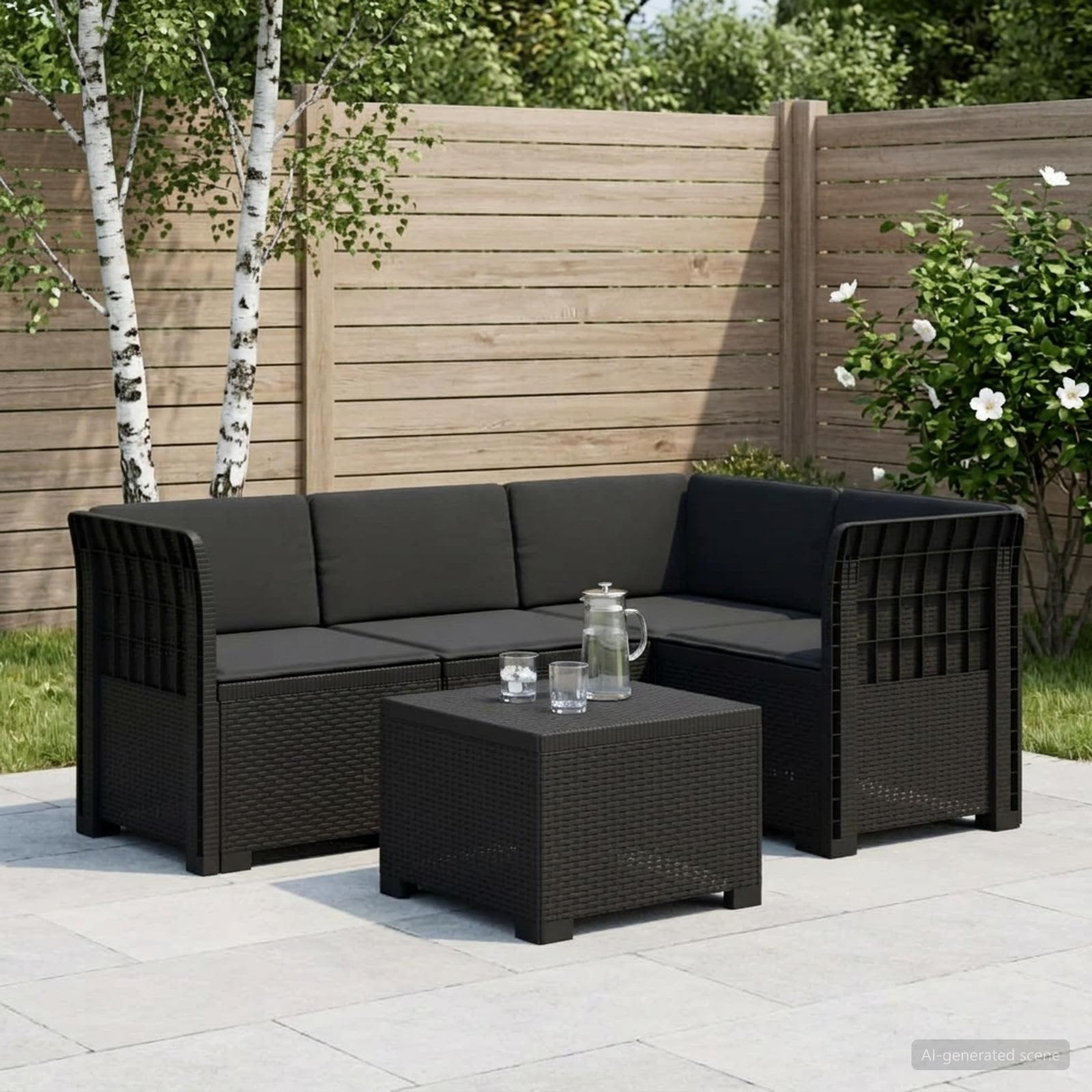 vidaXL 4-Sitzer Garten Sofa mit Kissen Rattan Look PP Anthrazit