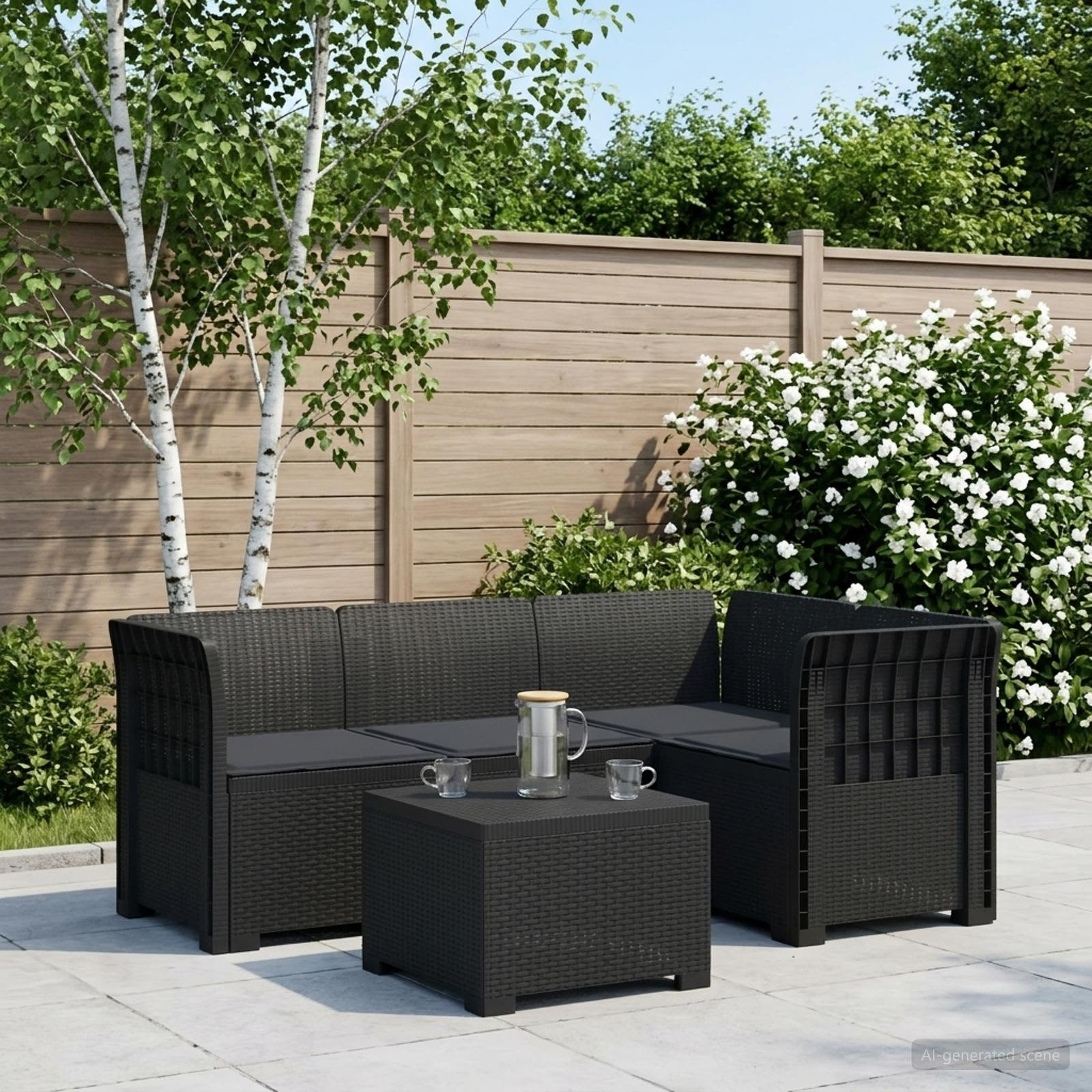 vidaXL 4-Sitzer Garten Sofa mit Kissen Rattan Look PP Anthrazit