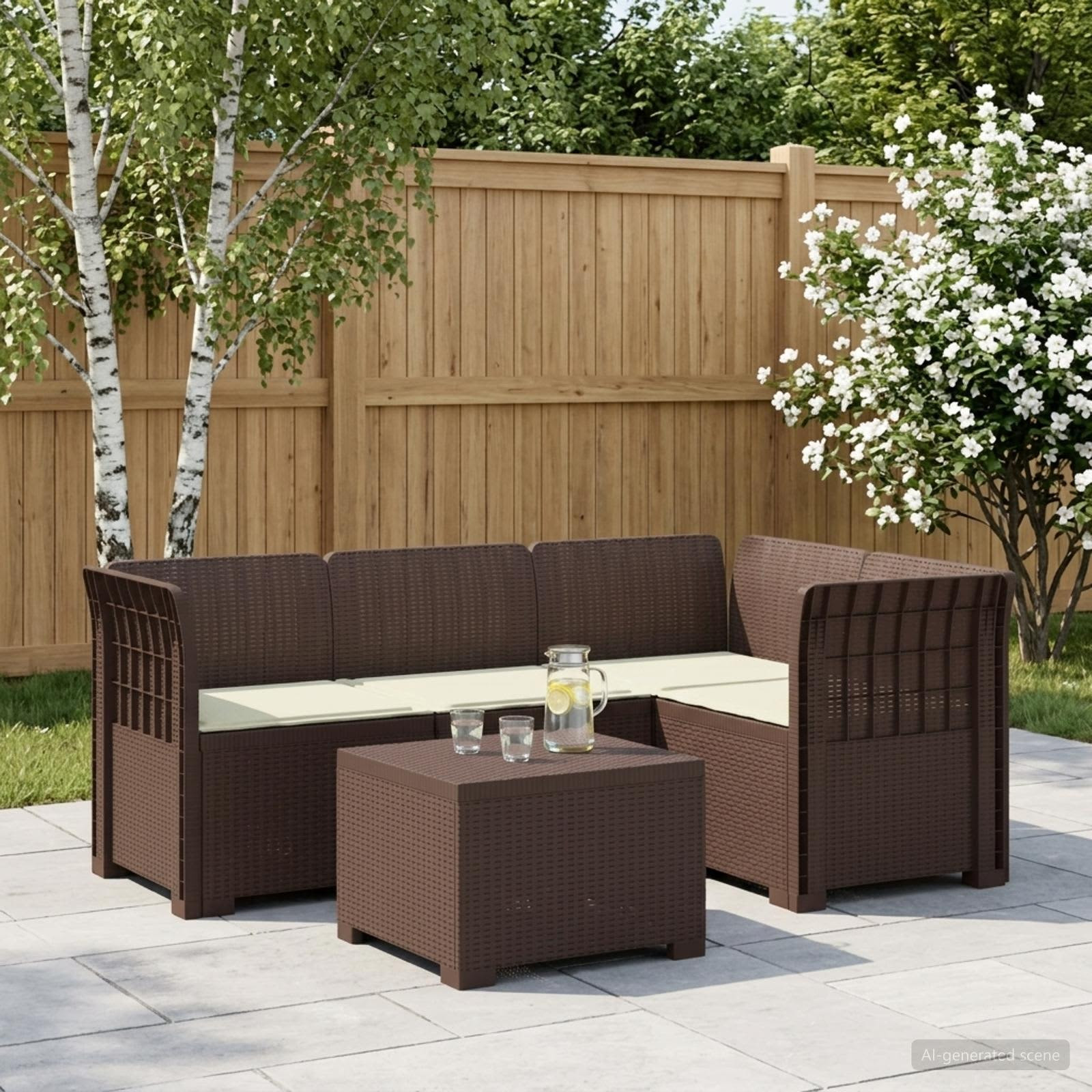 vidaXL 4-Sitzer Garten Sofa mit Kissen Rattan Look PP Braun