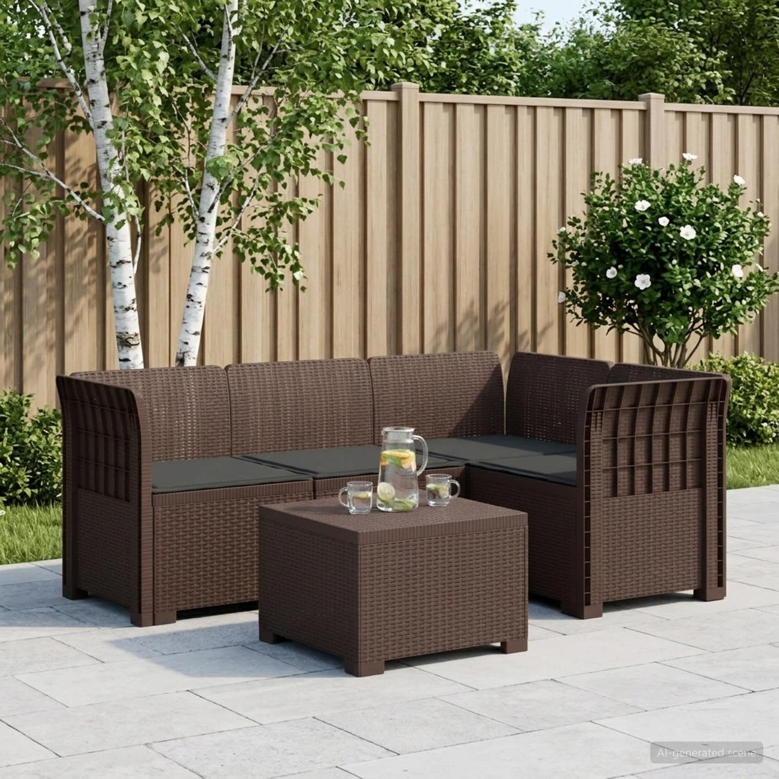 vidaXL 4-Sitzer Garten Sofa mit Kissen Rattan Look PP Braun