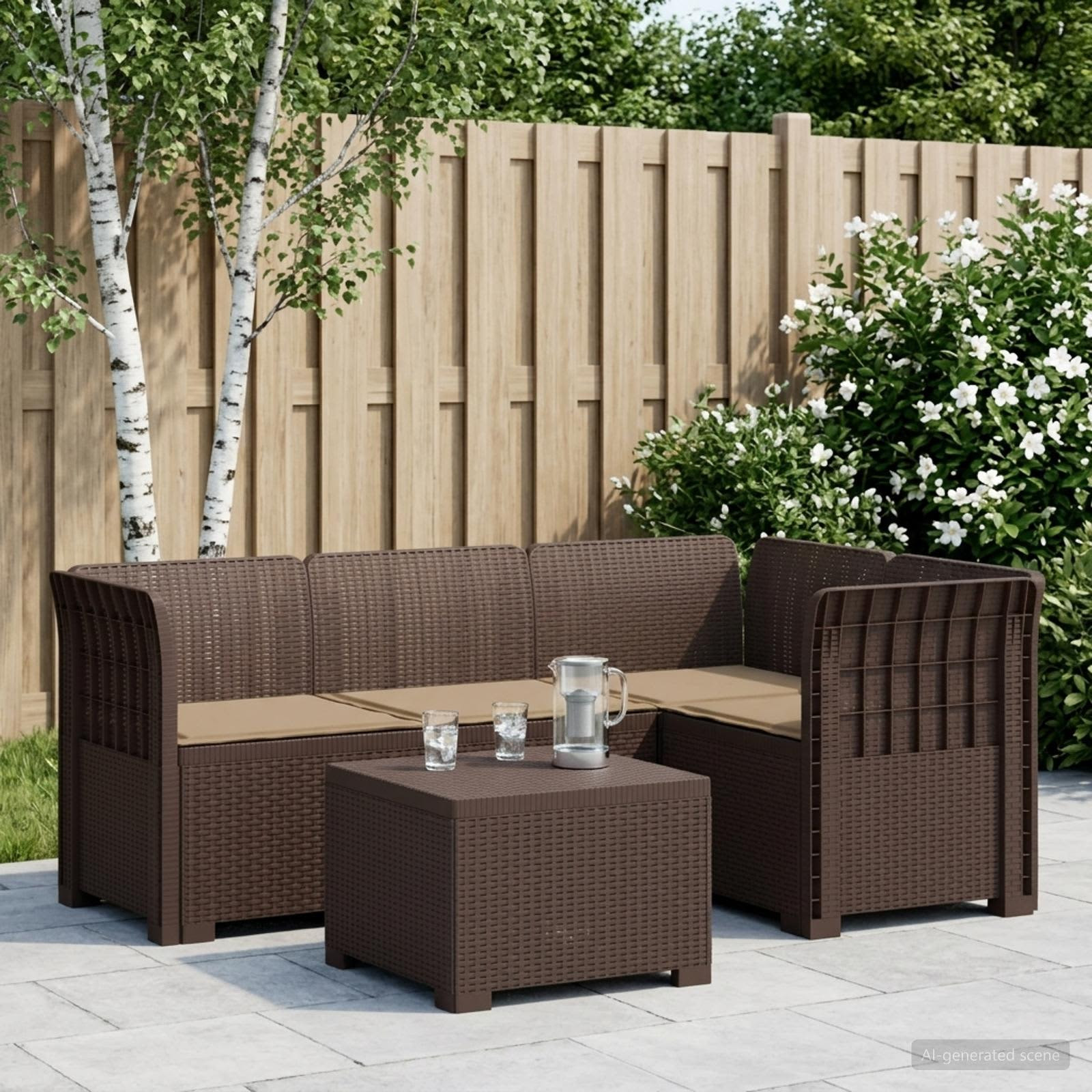 vidaXL 4-Sitzer Garten Sofa mit Kissen Rattan Look PP Braun
