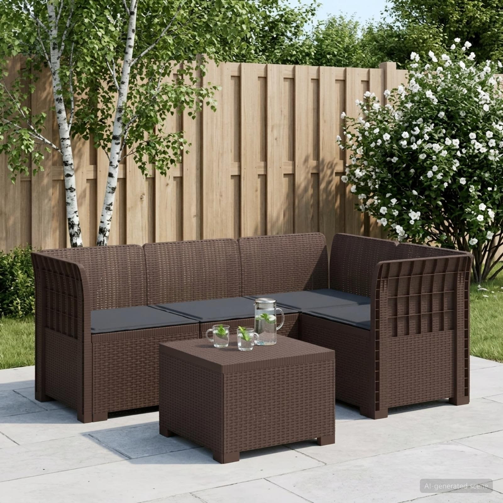 vidaXL 4-Sitzer Garten Sofa mit Kissen Rattan Look PP Braun