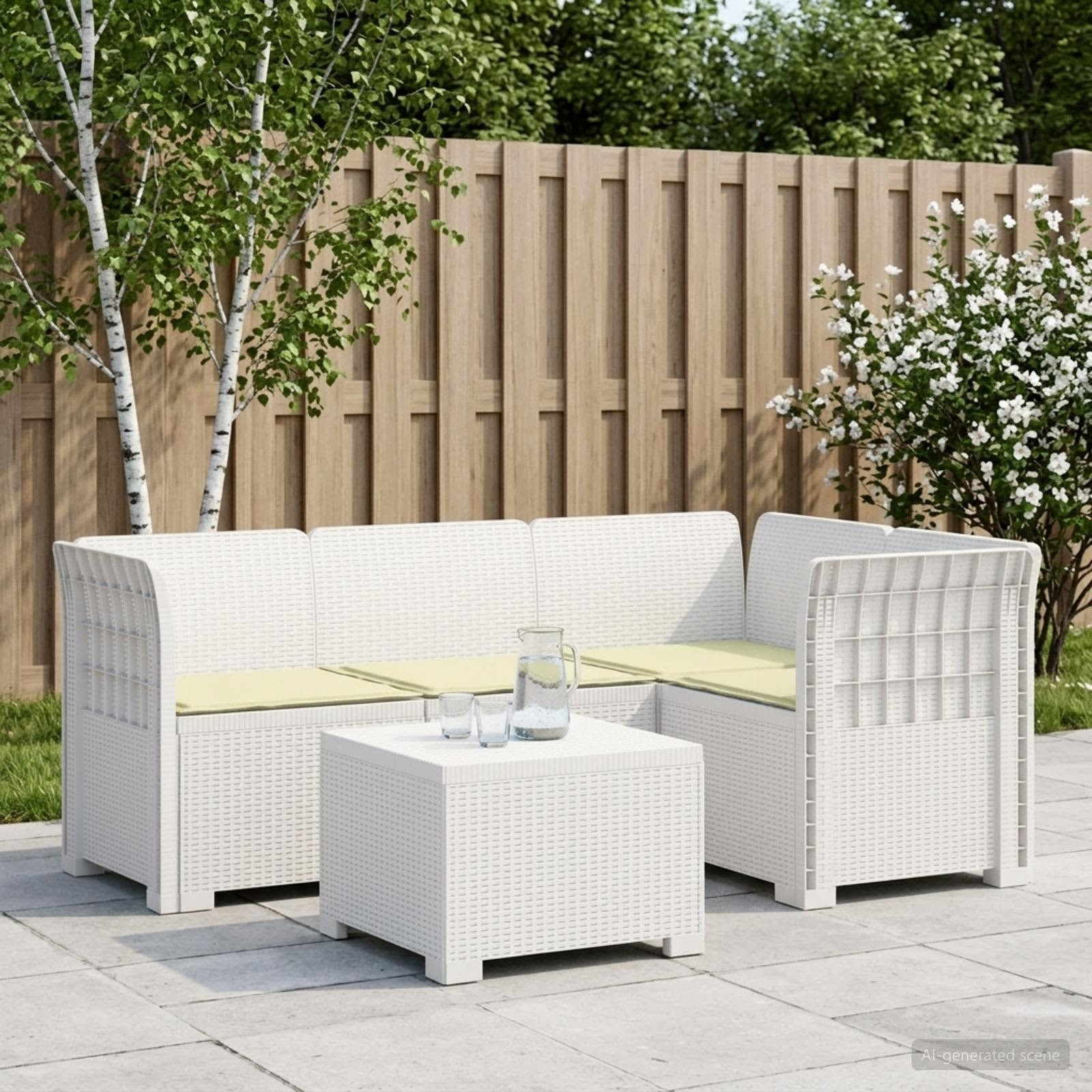 vidaXL 4-Sitzer Garten Sofa mit Kissen Rattan Look PP Weiß