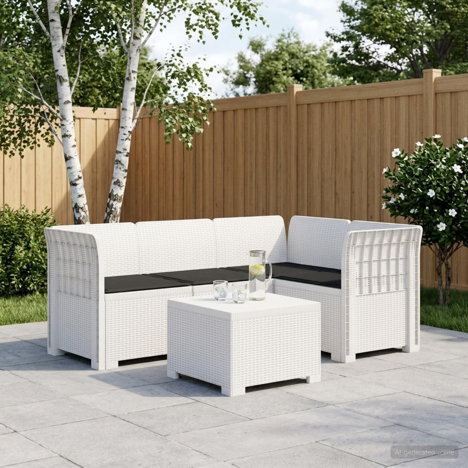vidaXL 4-Sitzer Garten Sofa mit Kissen Rattan Look PP Weiß
