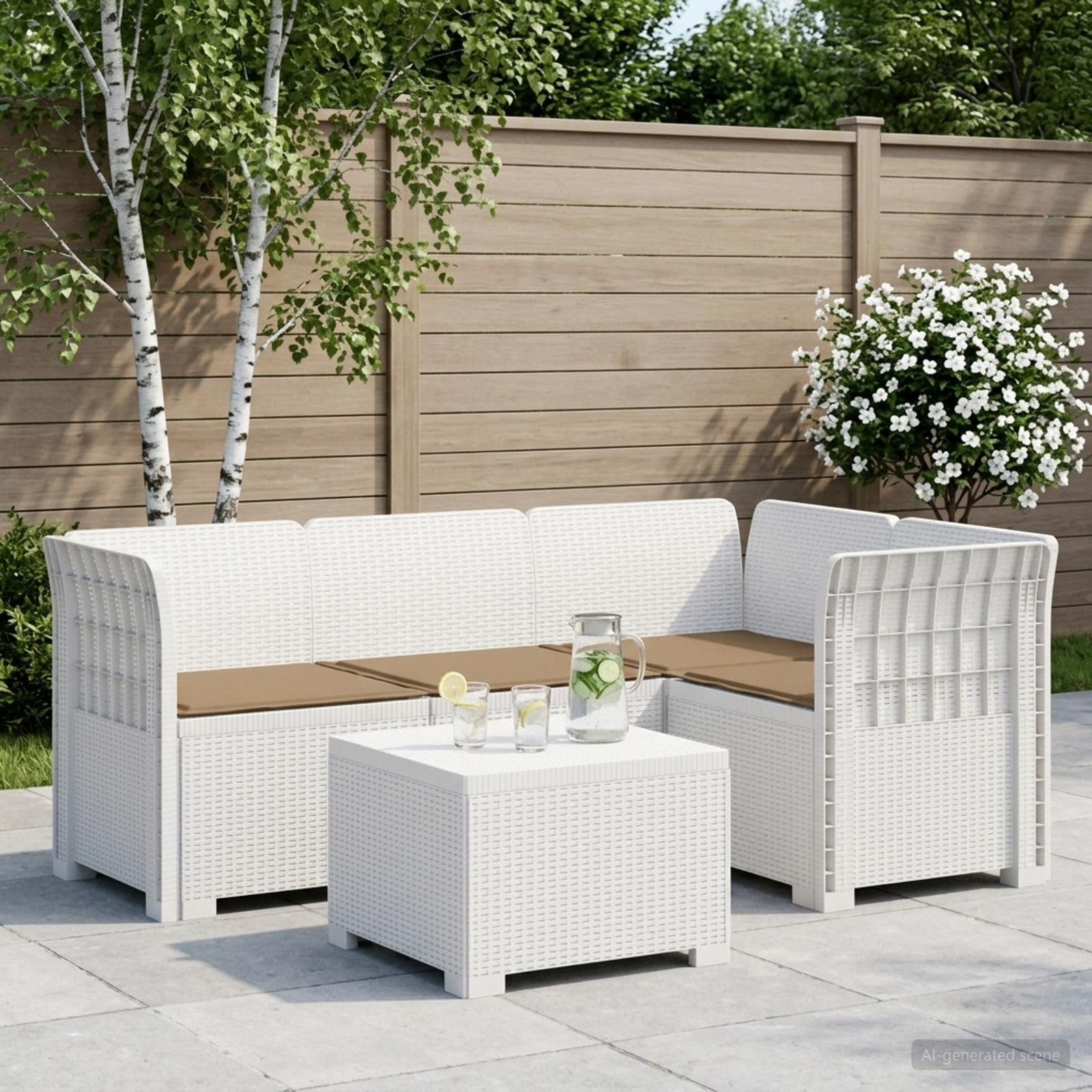 vidaXL 4-Sitzer Garten Sofa mit Kissen Rattan Look PP Weiß