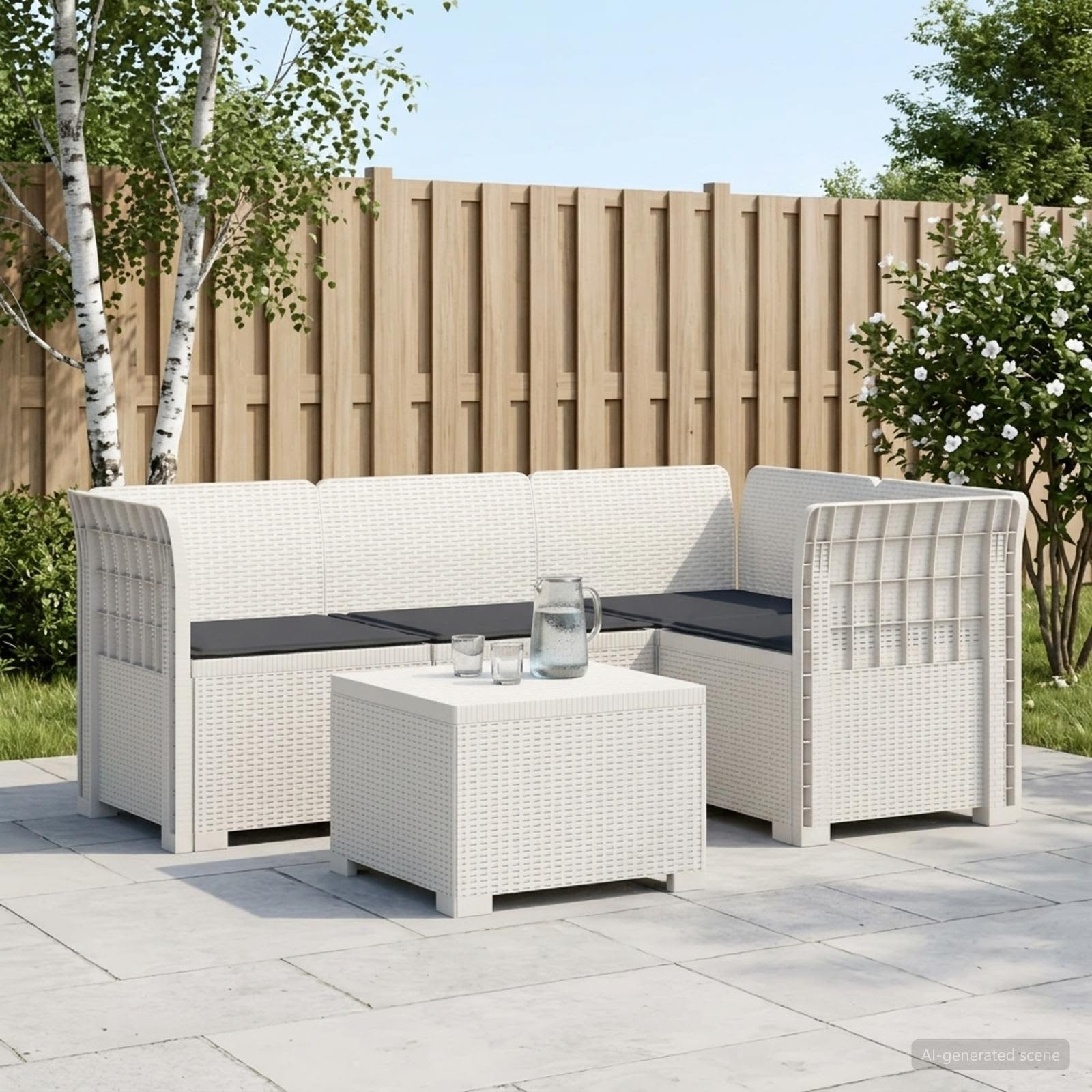 vidaXL 4-Sitzer Garten Sofa mit Kissen Rattan Look PP Weiß