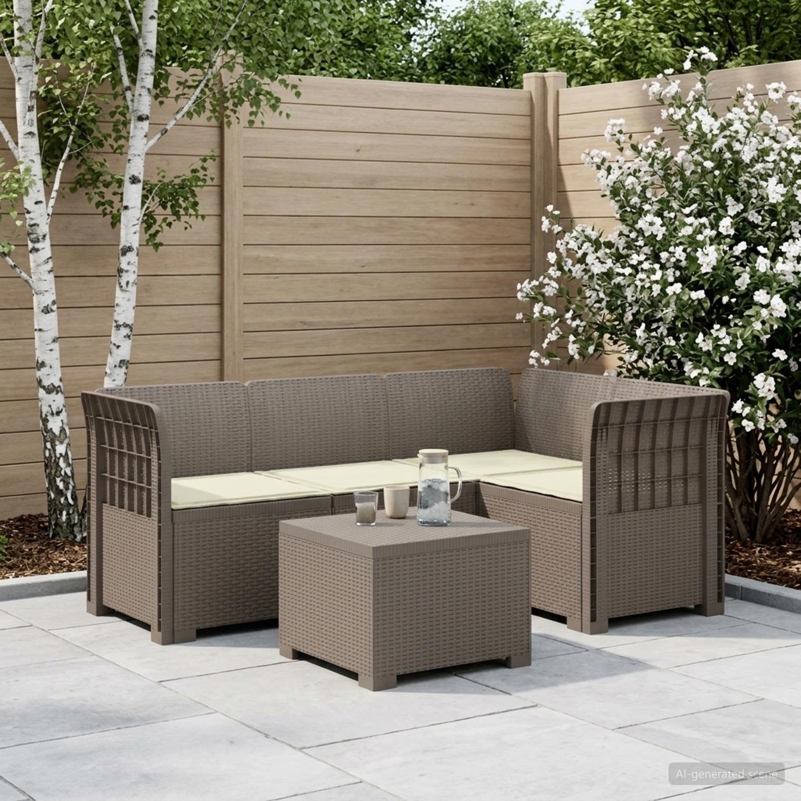vidaXL 4-Sitzer Garten Sofa mit Kissen Rattan Look PP Hellgrau