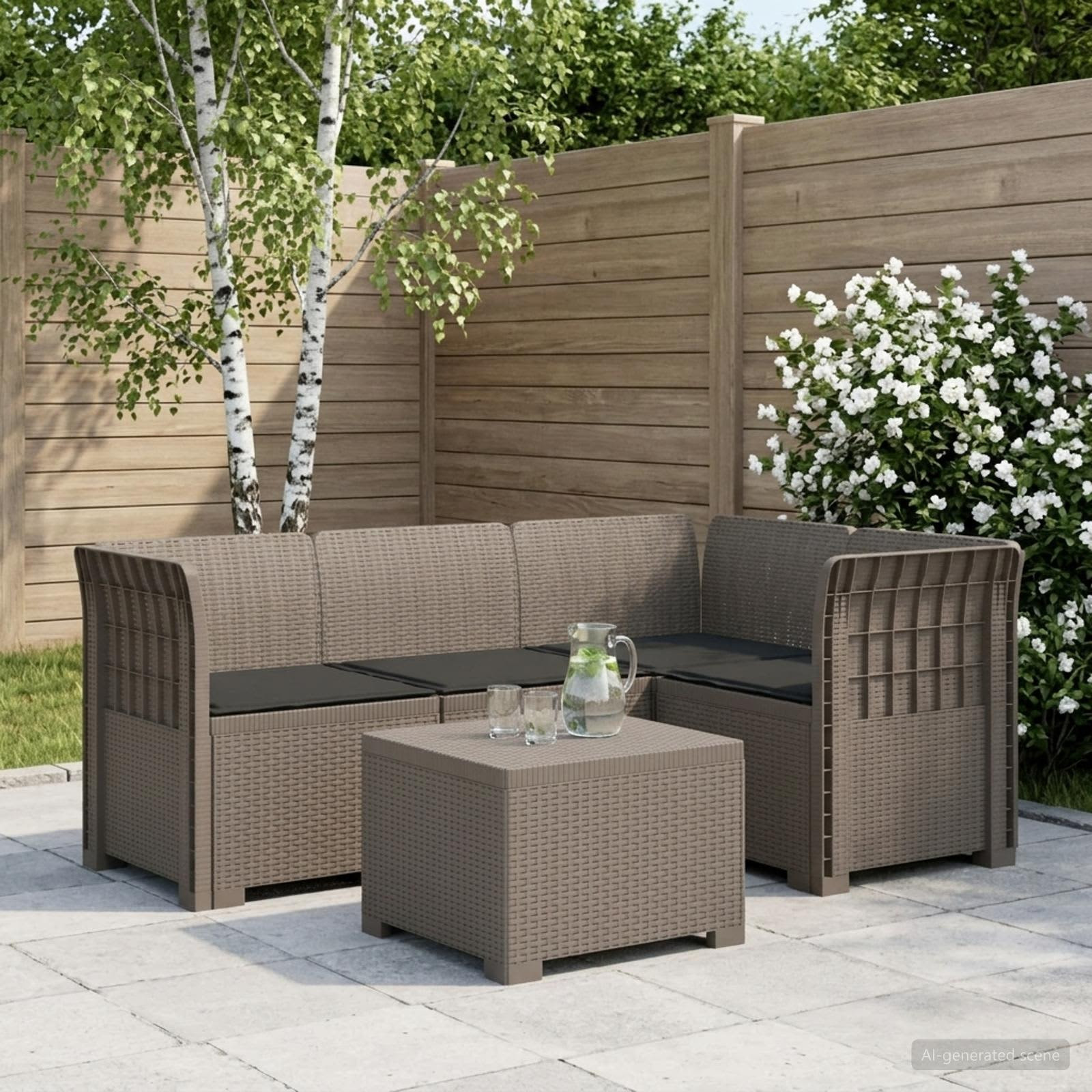 vidaXL 4-Sitzer Garten Sofa mit Kissen Rattan Look PP Hellgrau
