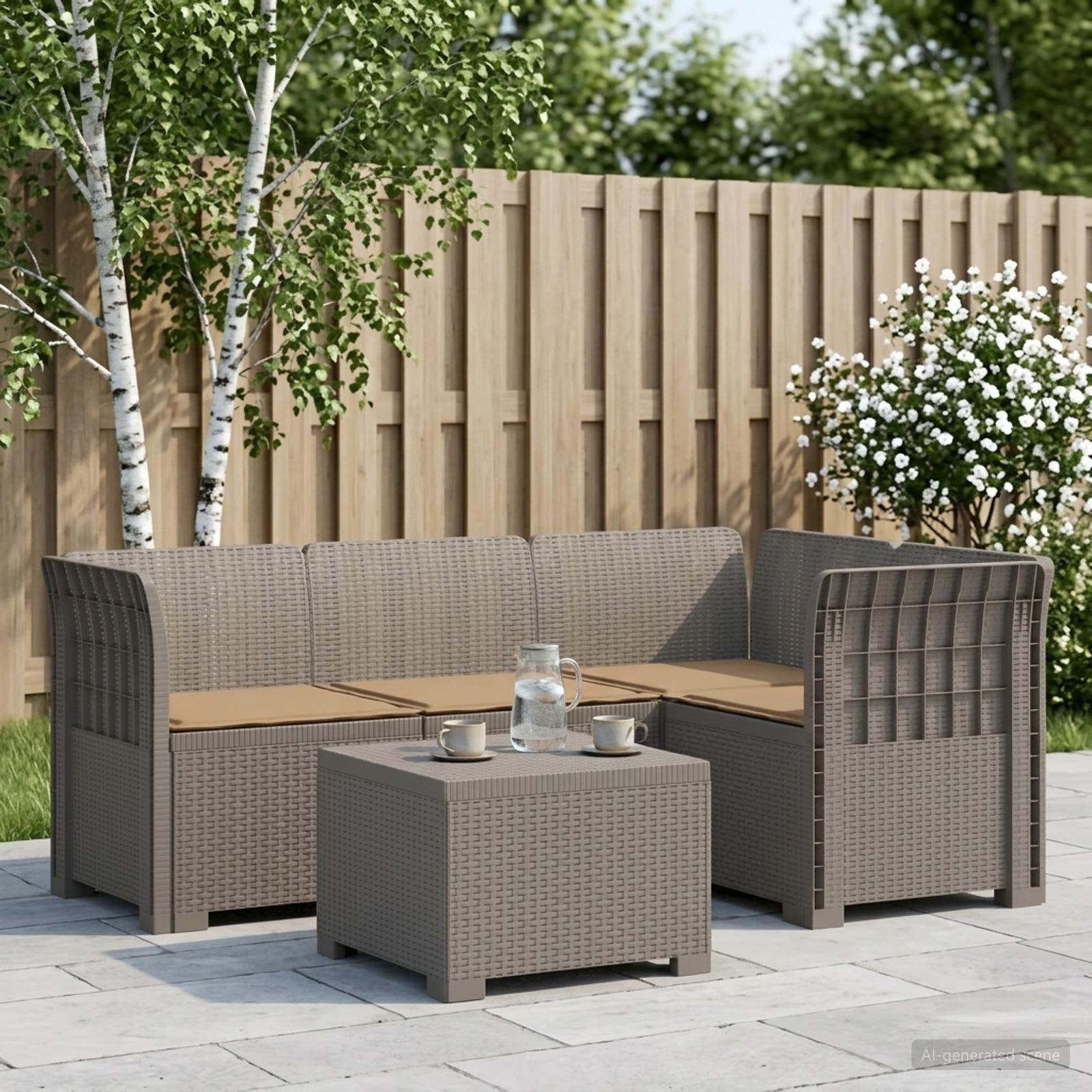 vidaXL 4-Sitzer Garten Sofa mit Kissen Rattan Look PP Hellgrau
