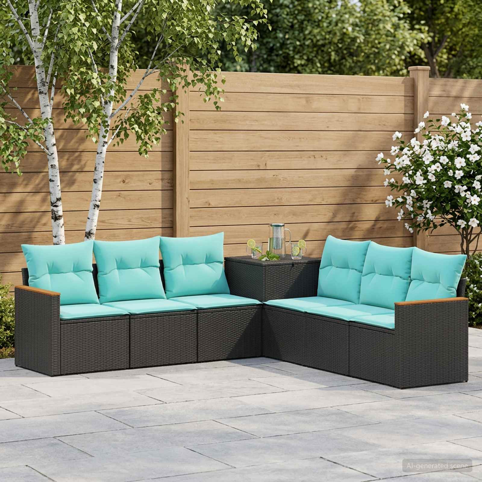 vidaXL Sofa Set 7 pcs Schwarz und Blau Polyrattan und Stahl
