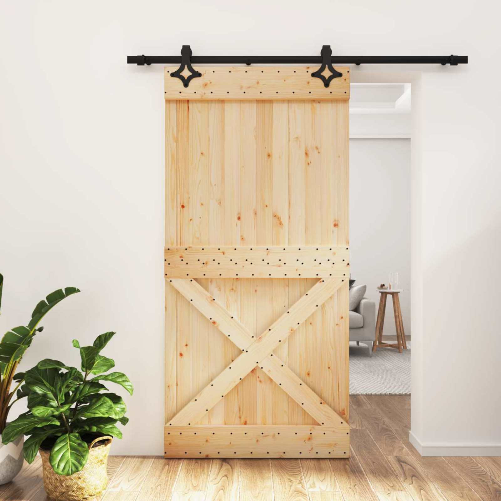 vidaXL Schiebetür Natürlich und Schwarz 100 x 210 cm Massivkiefer