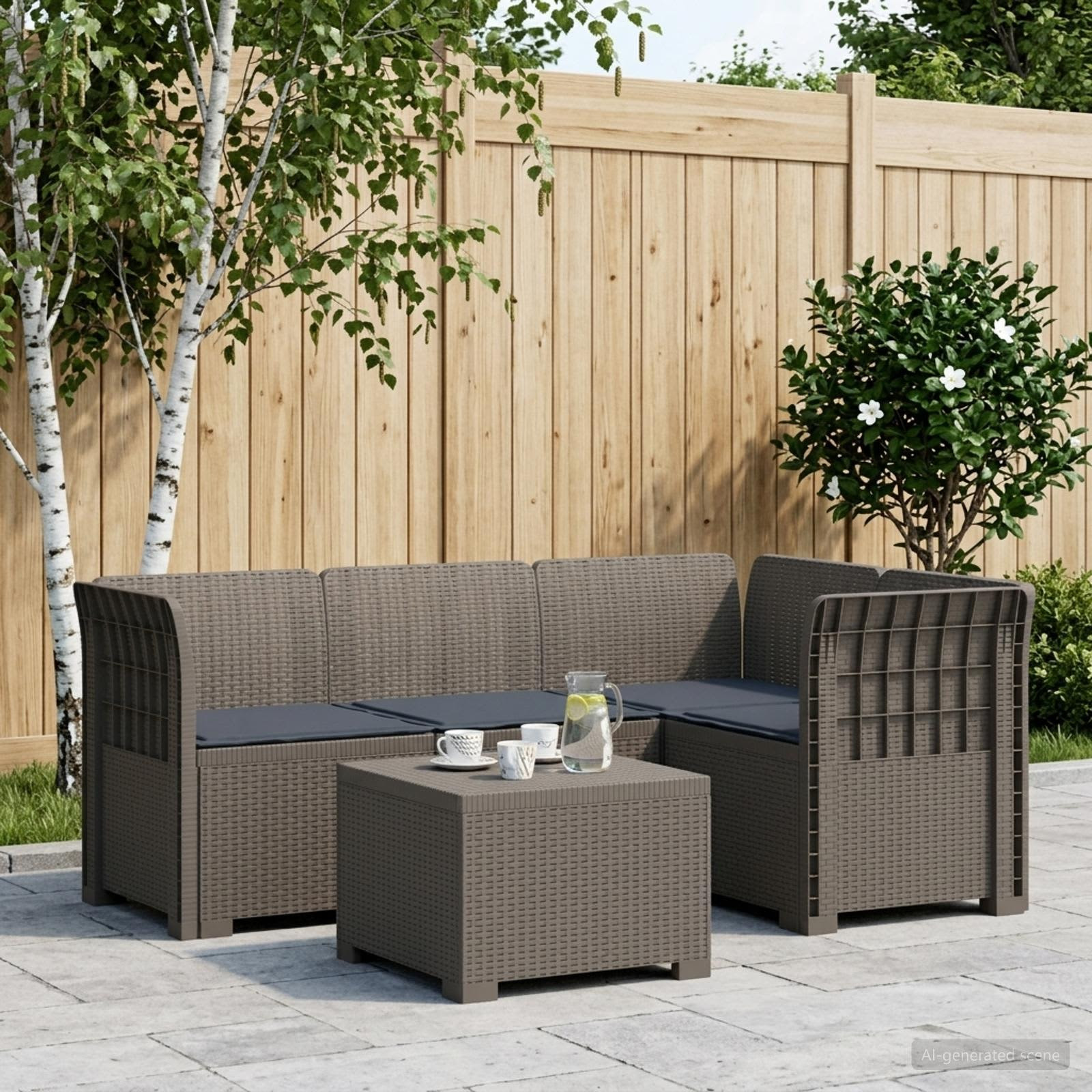 vidaXL 4-Sitzer Garten Sofa mit Kissen Rattan Look PP Hellgrau