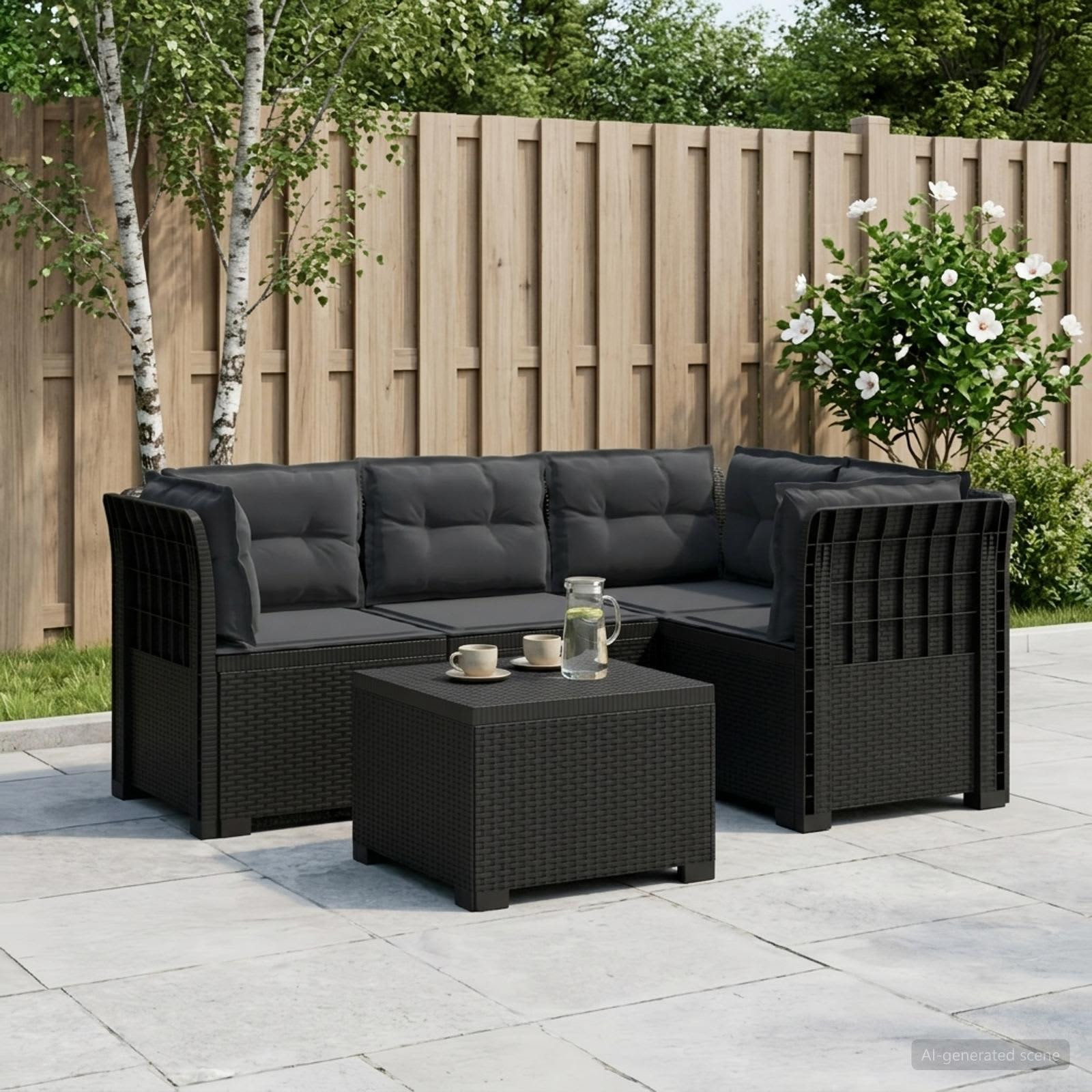 vidaXL 4-Sitzer Garten Sofa mit Kissen Rattan Look PP Anthrazit