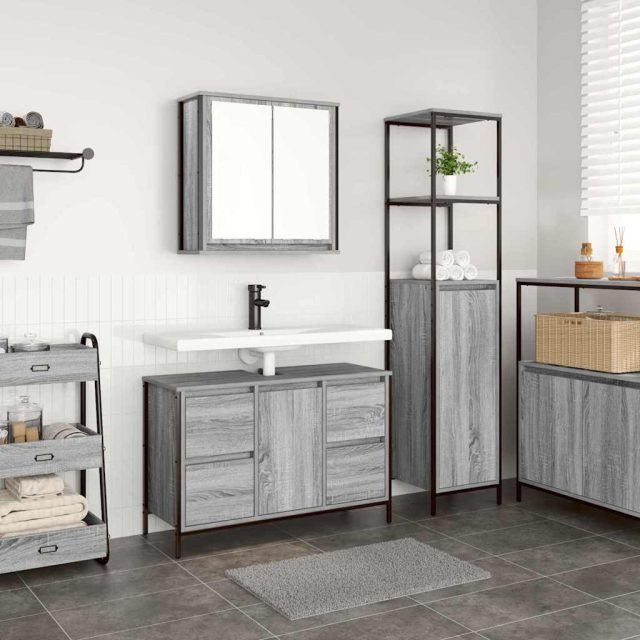 vidaXL Badezimmermöbel Set mit Regal 2 pcs Grau Sonoma und Schwarz