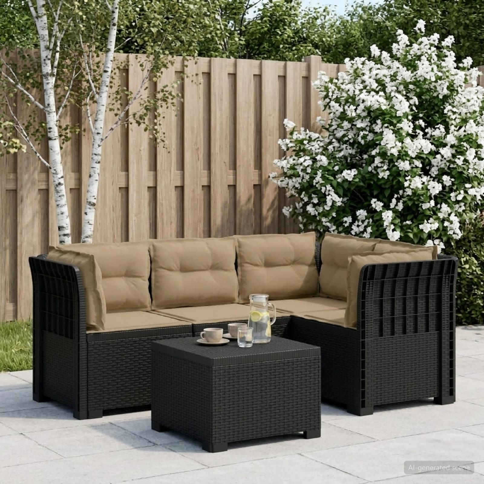 vidaXL 4-Sitzer Garten Sofa mit Kissen Rattan Look PP Anthrazit
