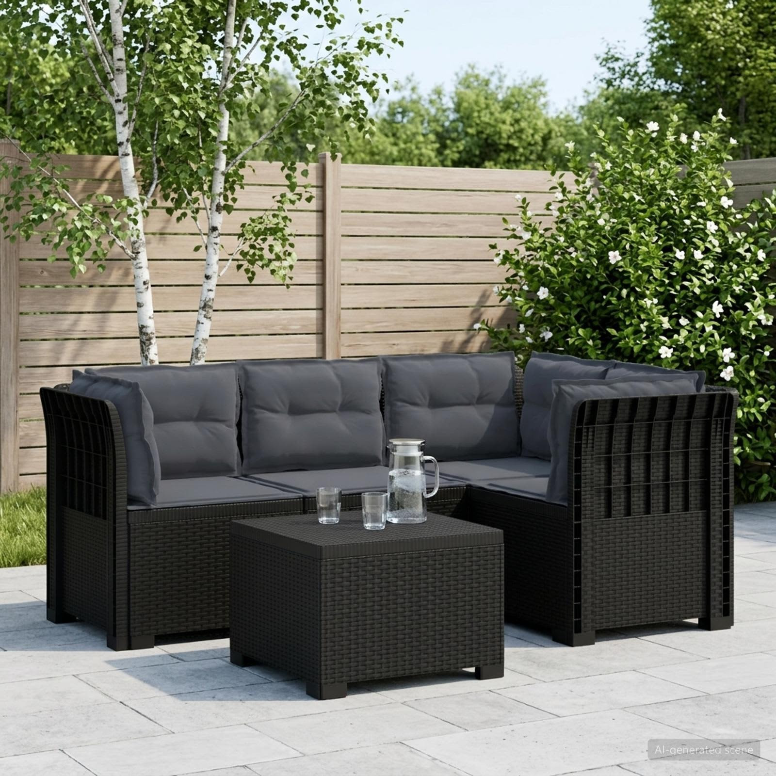 vidaXL 4-Sitzer Garten Sofa mit Kissen Rattan Look PP Anthrazit