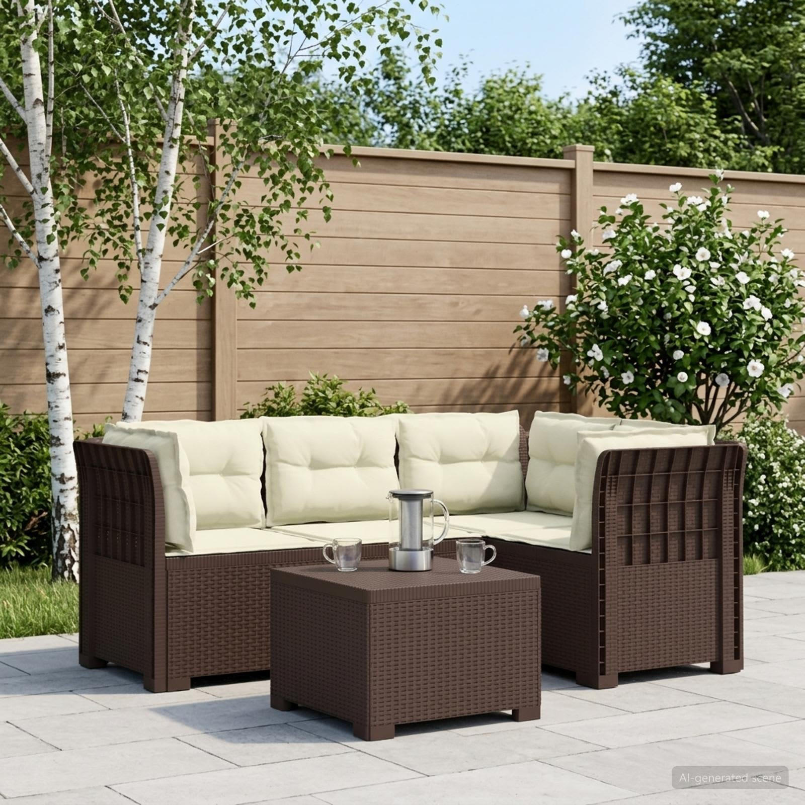 vidaXL 4-Sitzer Garten Sofa mit Kissen Rattan Look PP Braun