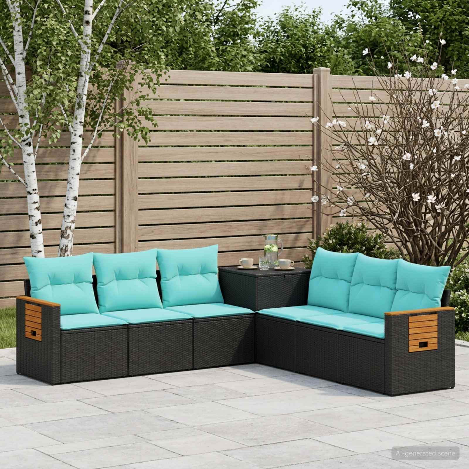 vidaXL Sofa Set 7 pcs Schwarz und Blau Polyrattan und Stahl