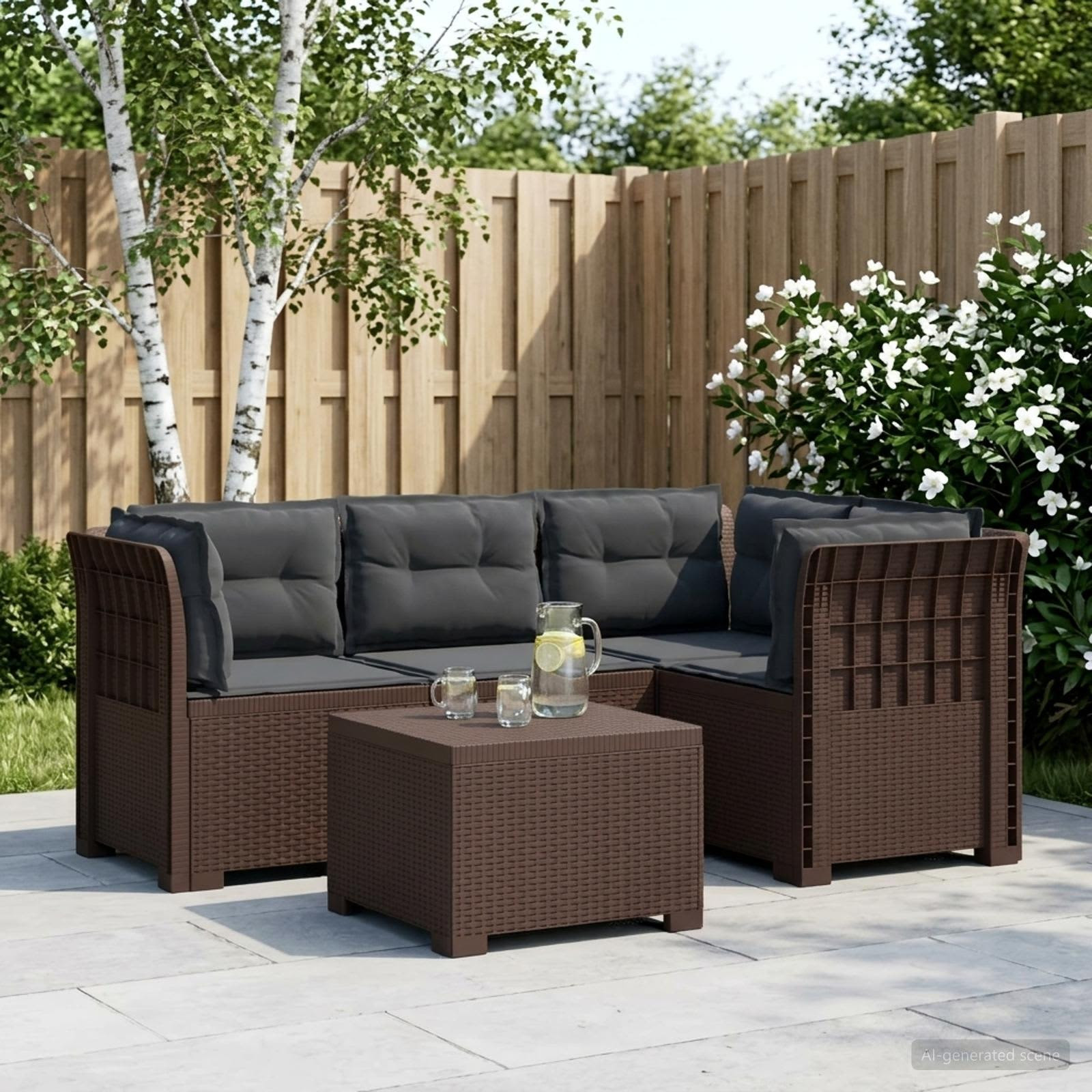 vidaXL 4-Sitzer Garten Sofa mit Kissen Rattan Look PP Braun