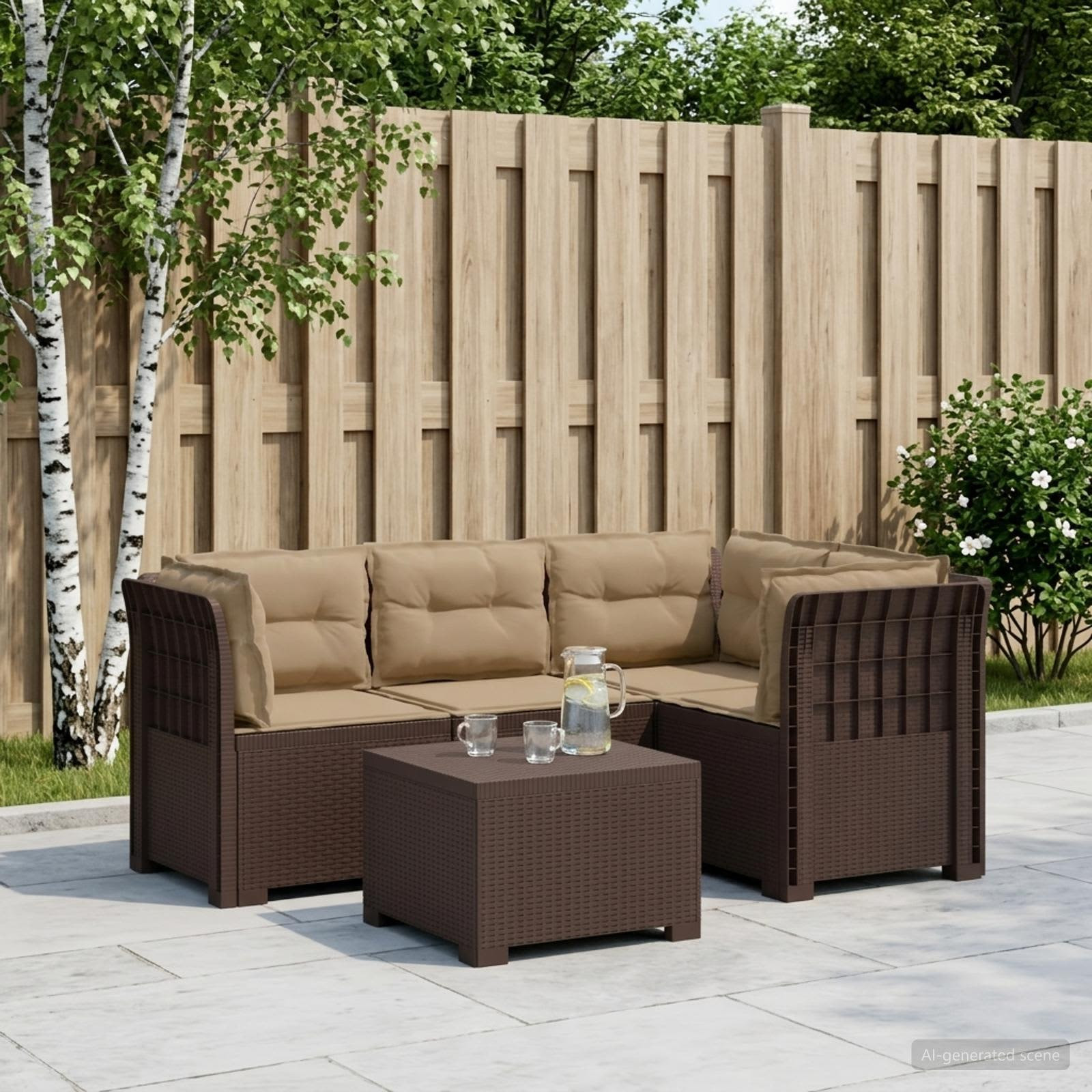 vidaXL 4-Sitzer Garten Sofa mit Kissen Rattan Look PP Braun