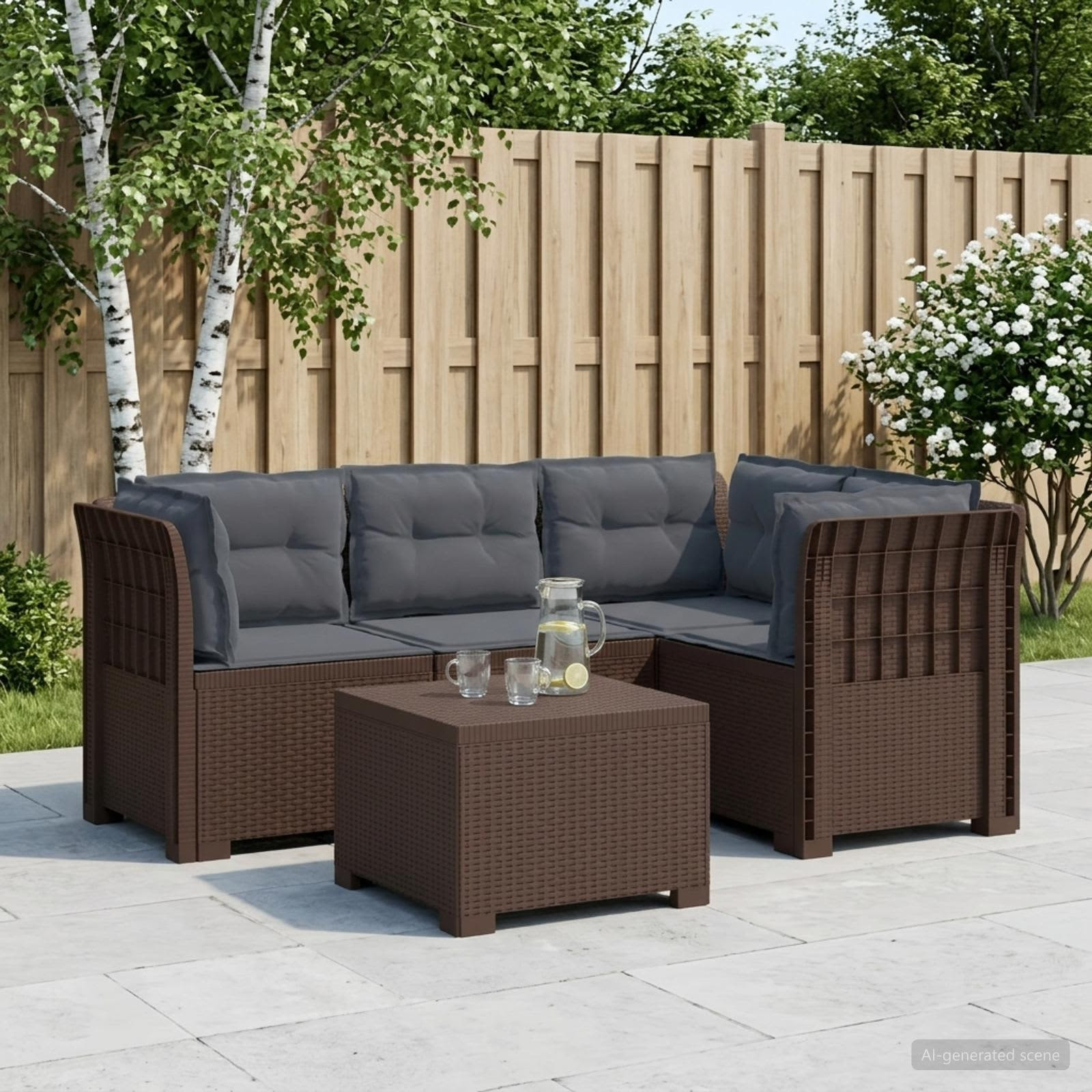vidaXL 4-Sitzer Garten Sofa mit Kissen Rattan Look PP Braun