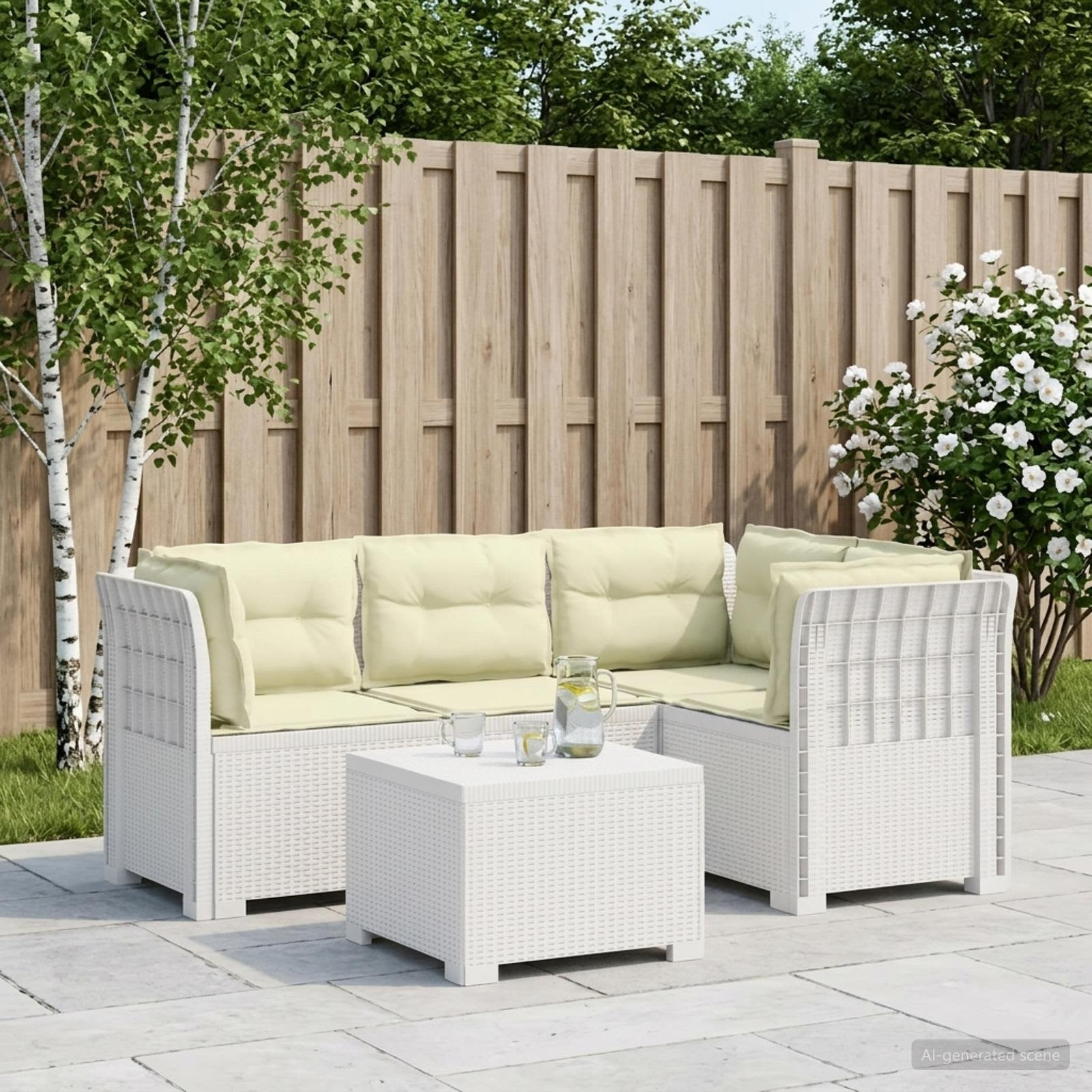 vidaXL 4-Sitzer Garten Sofa mit Kissen Rattan Look PP Weiß