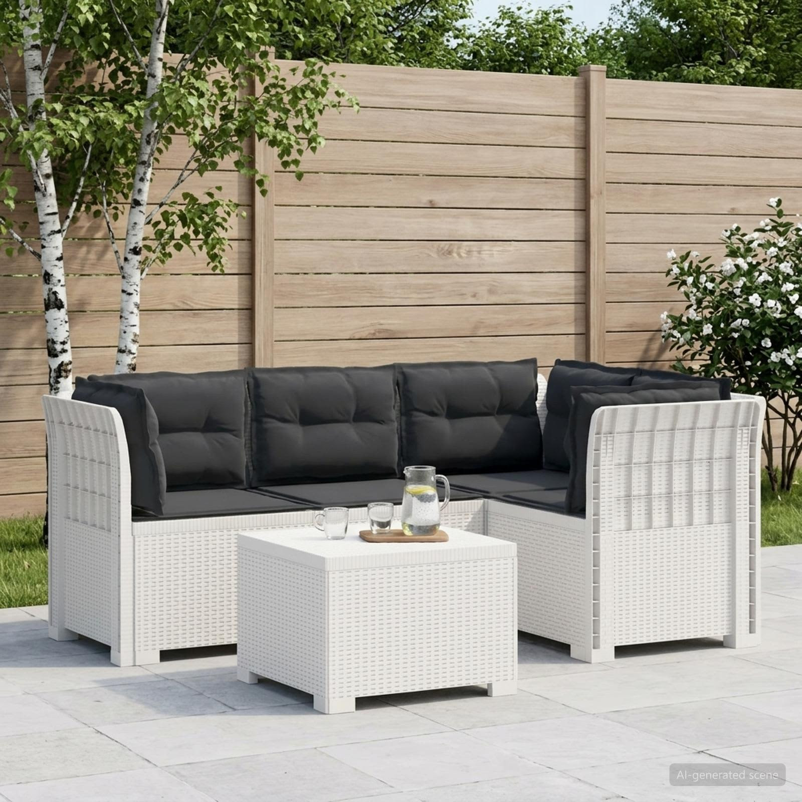 vidaXL 4-Sitzer Garten Sofa mit Kissen Rattan Look PP Weiß