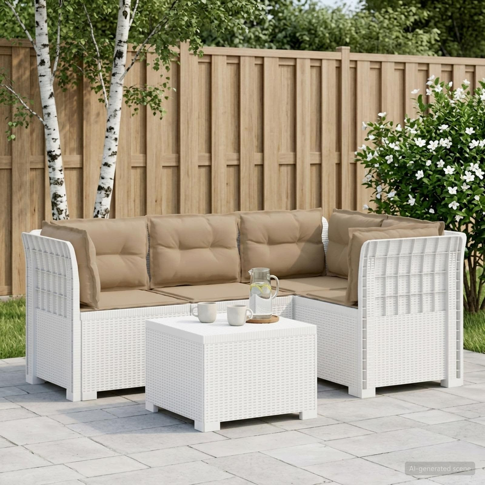 vidaXL 4-Sitzer Garten Sofa mit Kissen Rattan Look PP Weiß